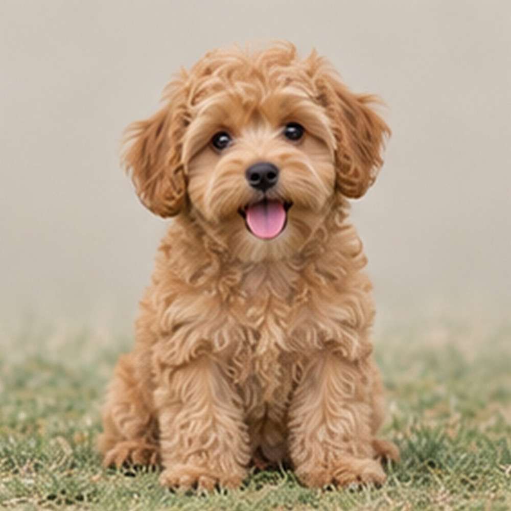 Small, fluffy dog with curly coat, tan and black coloring, sitting attentively