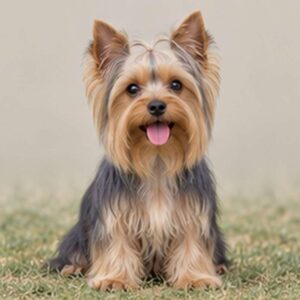 Small, fluffy Yorkshire Terrier with a silky coat, sitting attentively outdoors