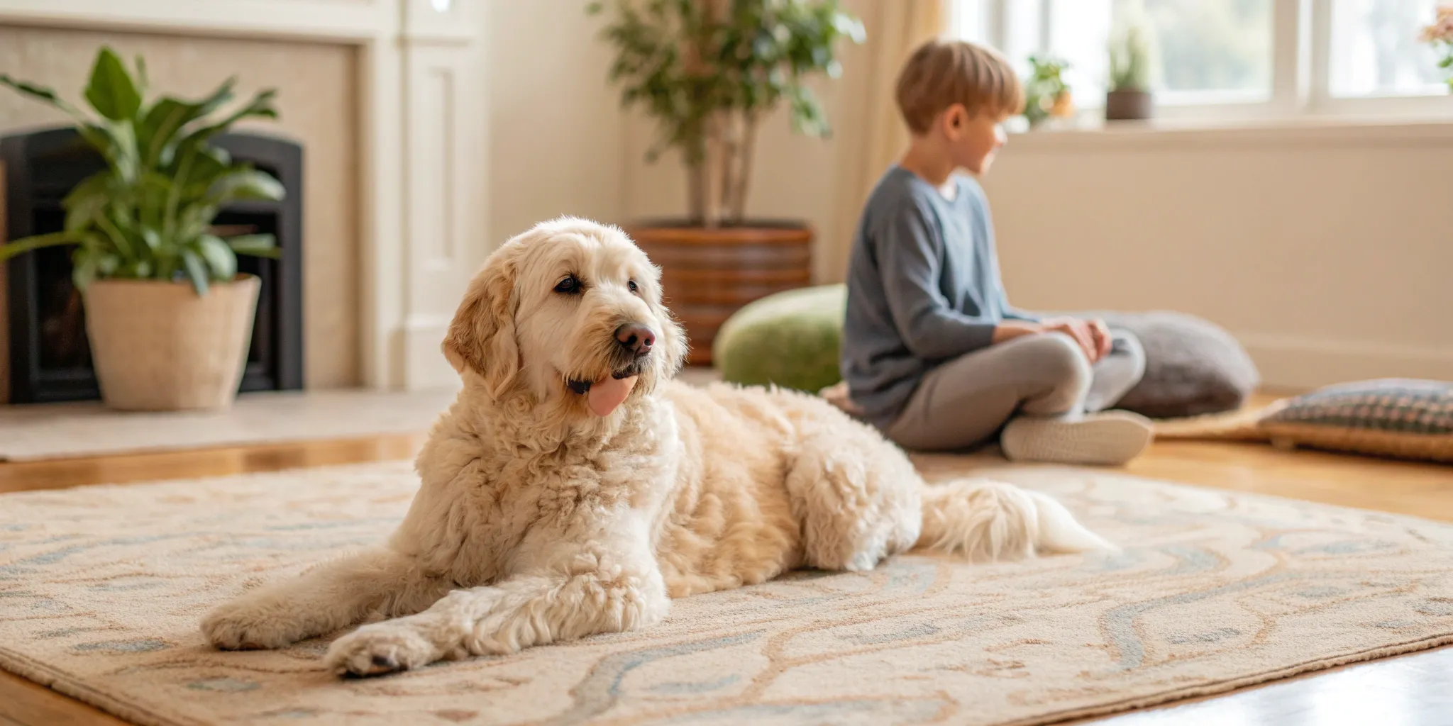 A friendly Goldendoodle, one of the best hypoallergenic dogs for families.