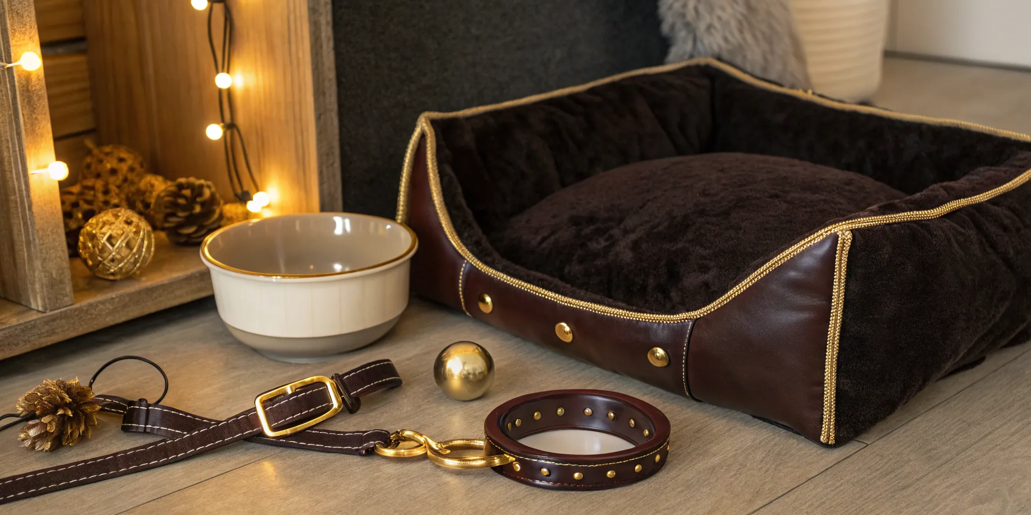 A collection of luxury pet supplies with a plush bed, stylish collar, leash, and elegant bowl.