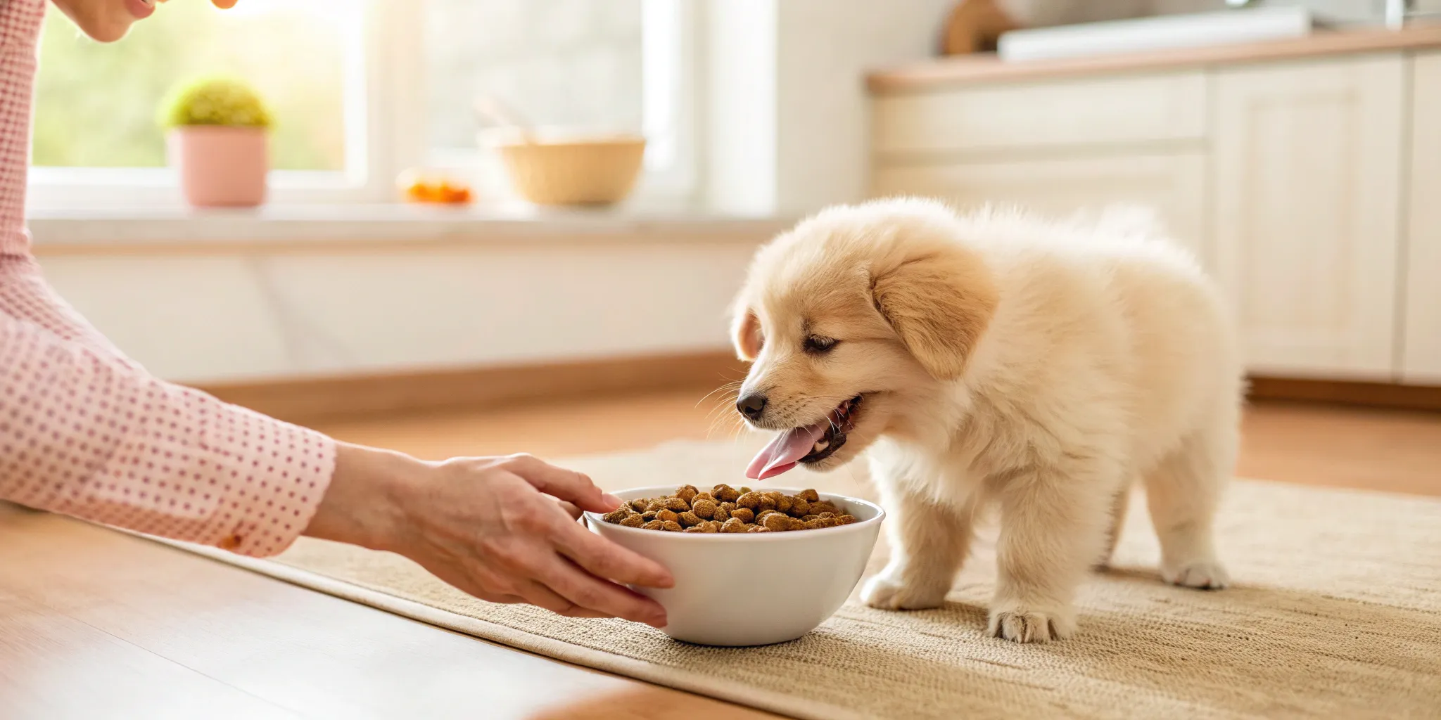 A puppy eating the best dry puppy food from a bowl.