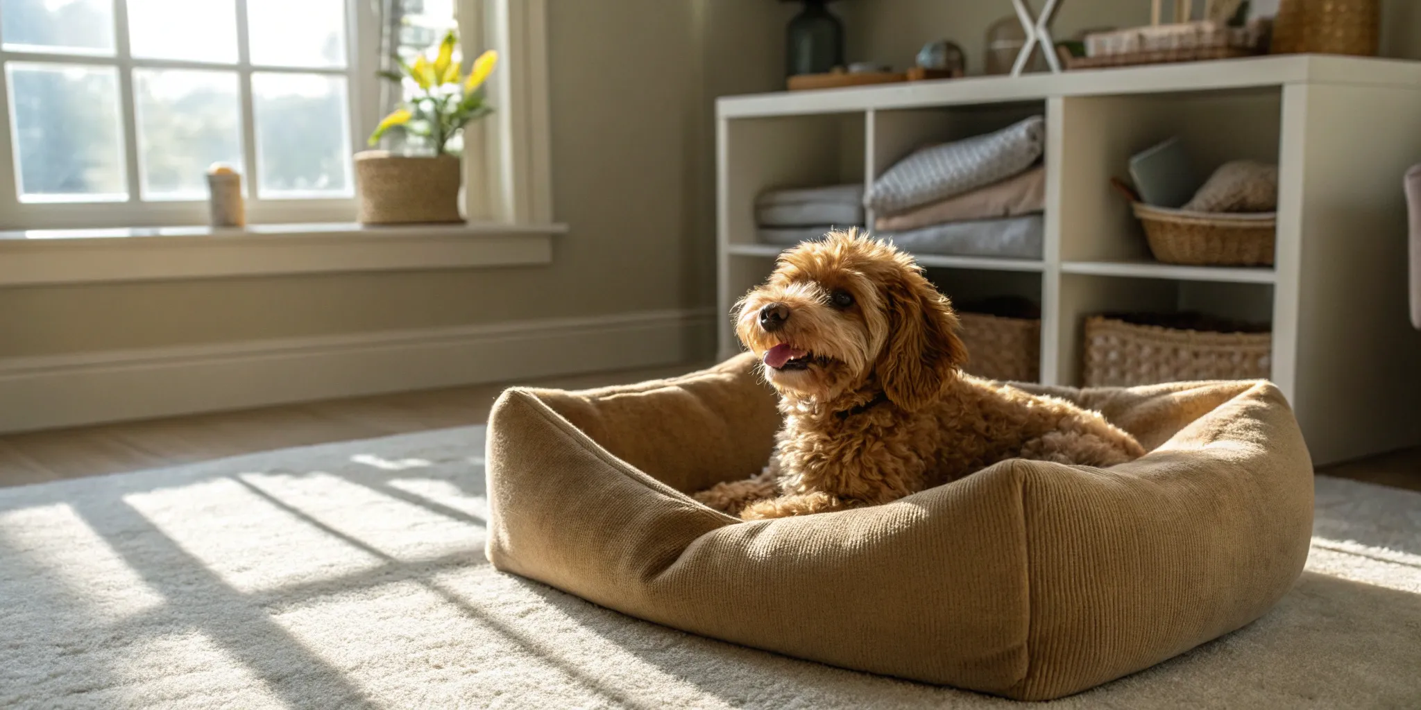 A Cavapoo puppy in a cozy dog bed, a key part of the overall cost for new puppies.