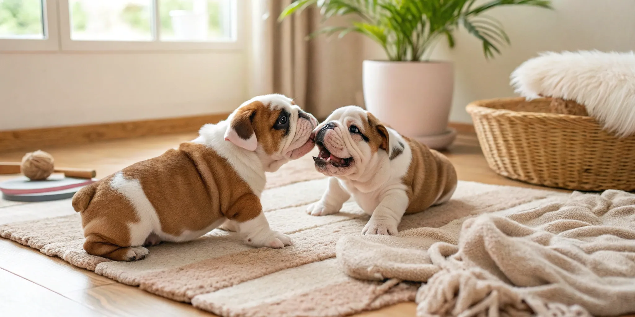 Two healthy mini English bulldog puppies for sale playing together on a rug.