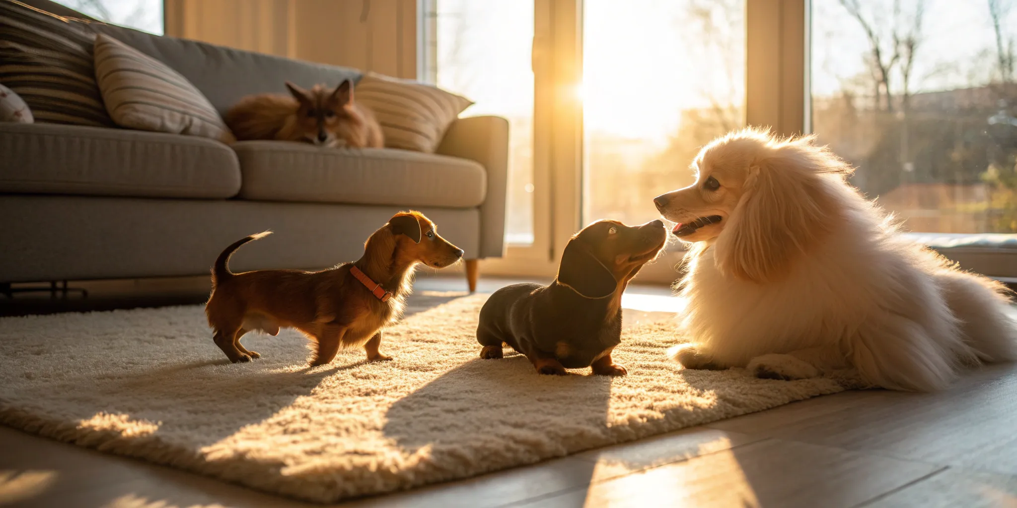 Three of the top small dog breeds playing together on a living room rug.