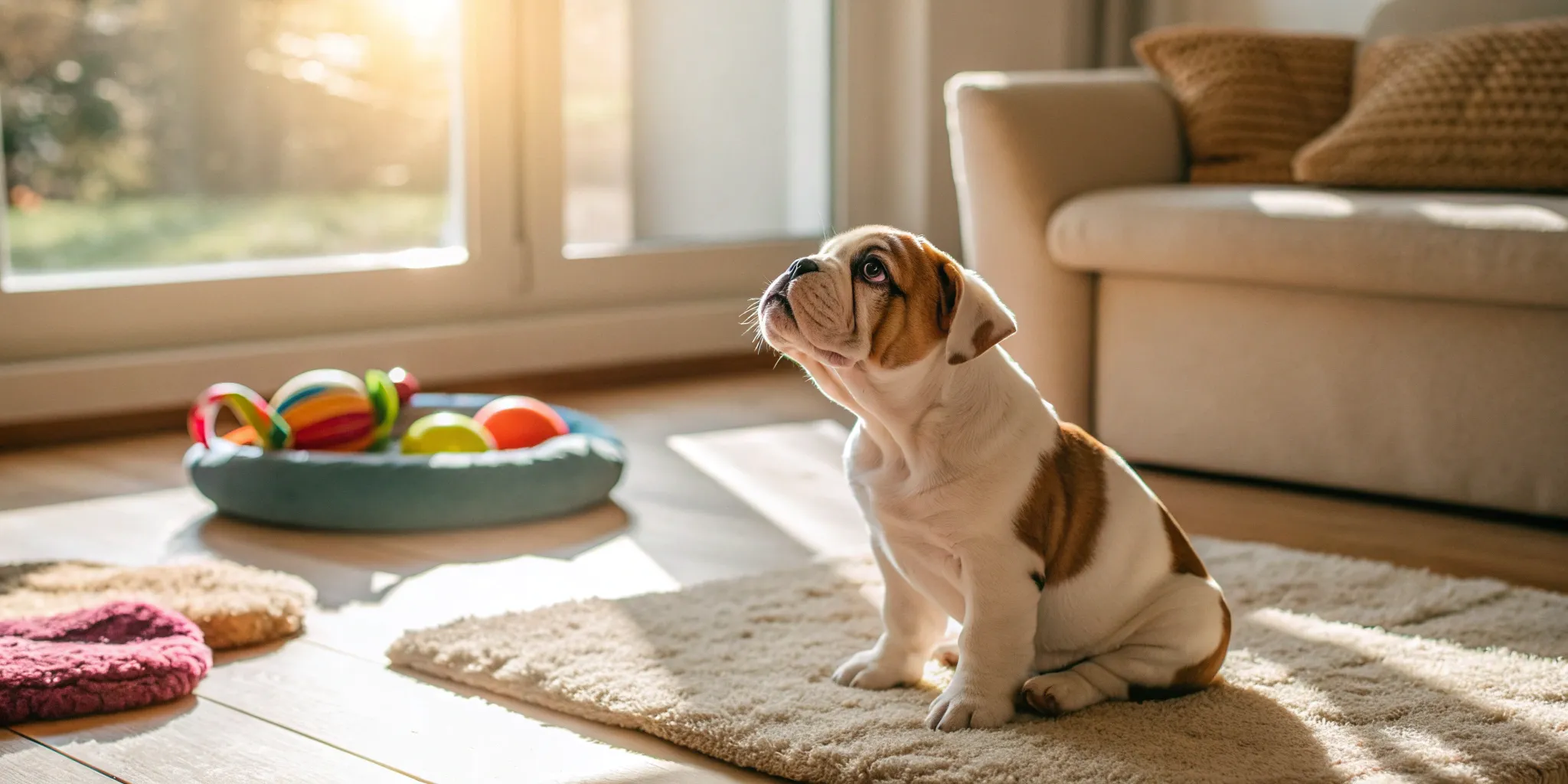 A young English Bulldog puppy, a breed known for its high cost.