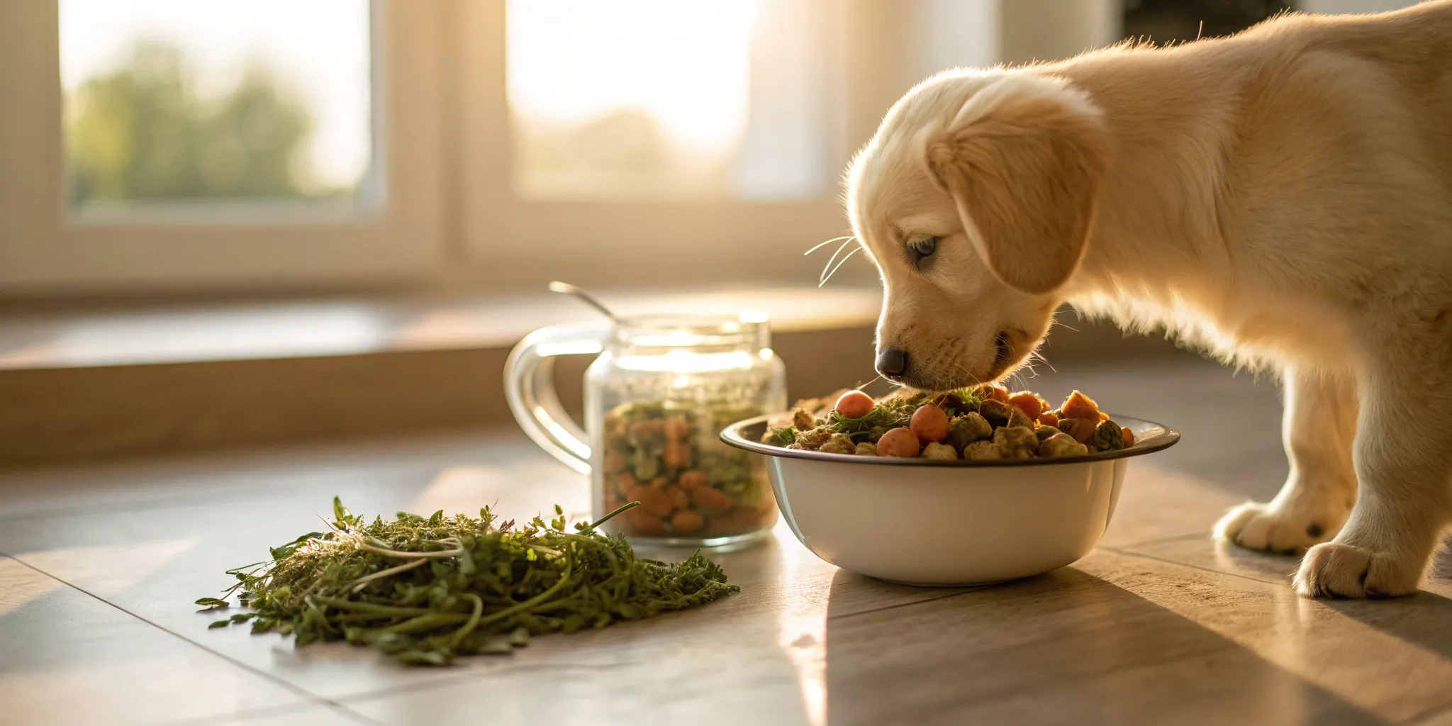 A golden retriever puppy eating the best premium puppy food from a bowl.