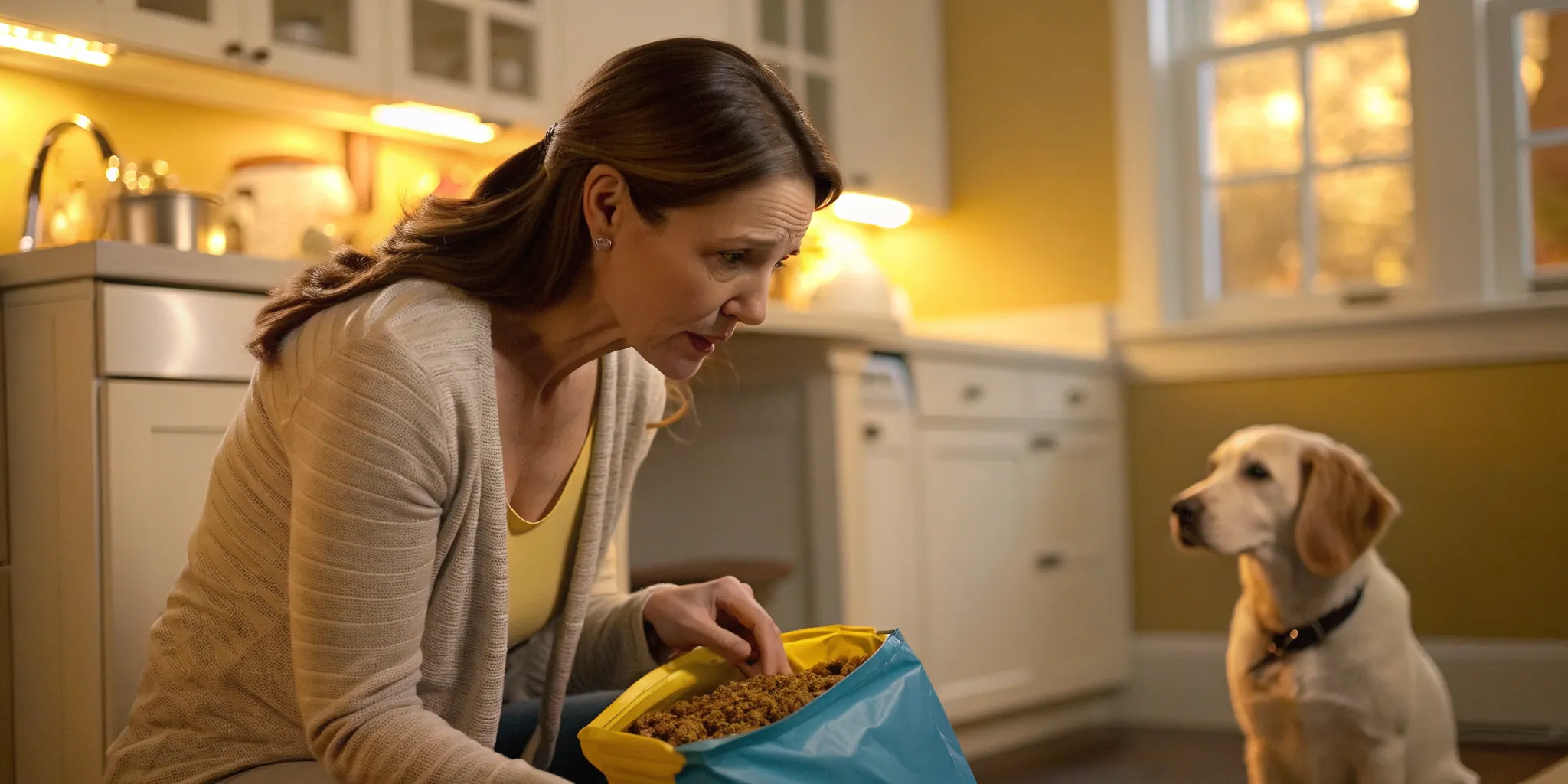 Dog owner checking a food label to avoid unhealthy brands for her pet.