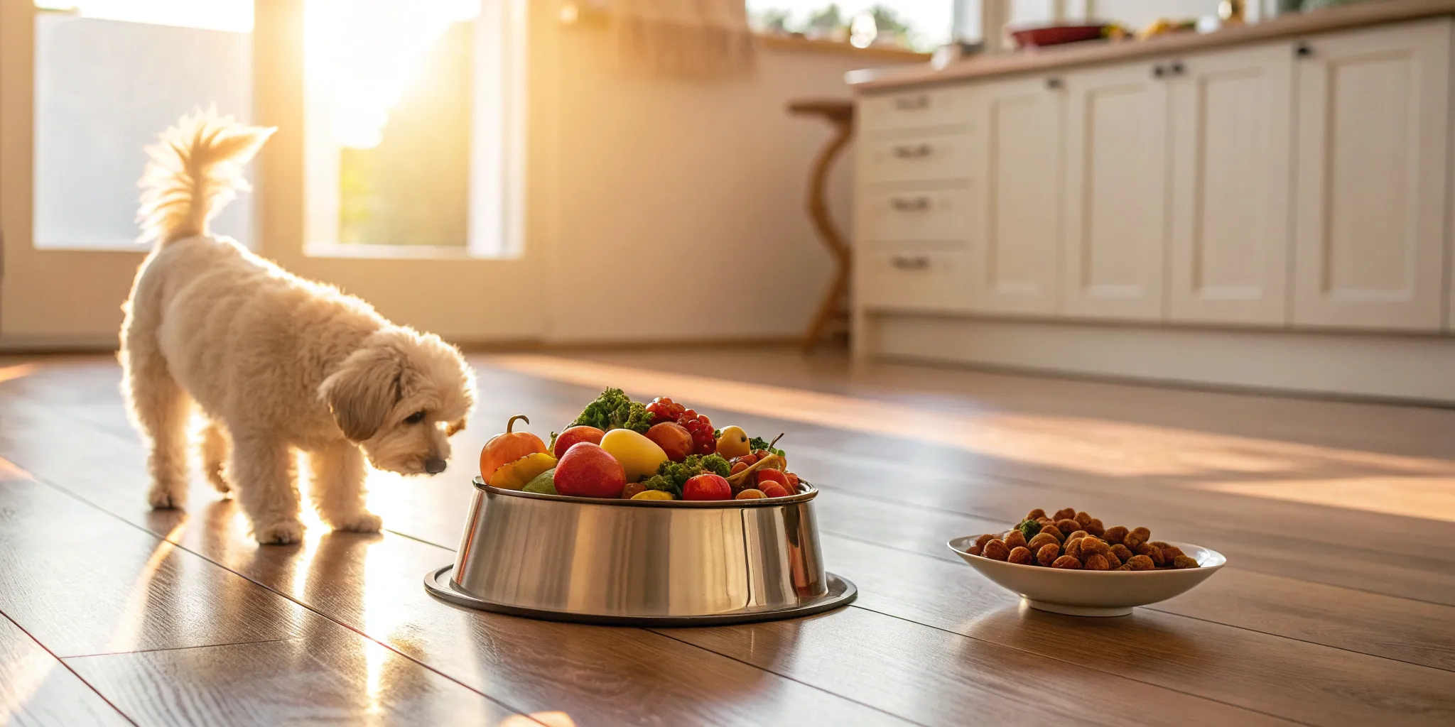 Small dog sniffing a bowl of premium dog food for small breeds.