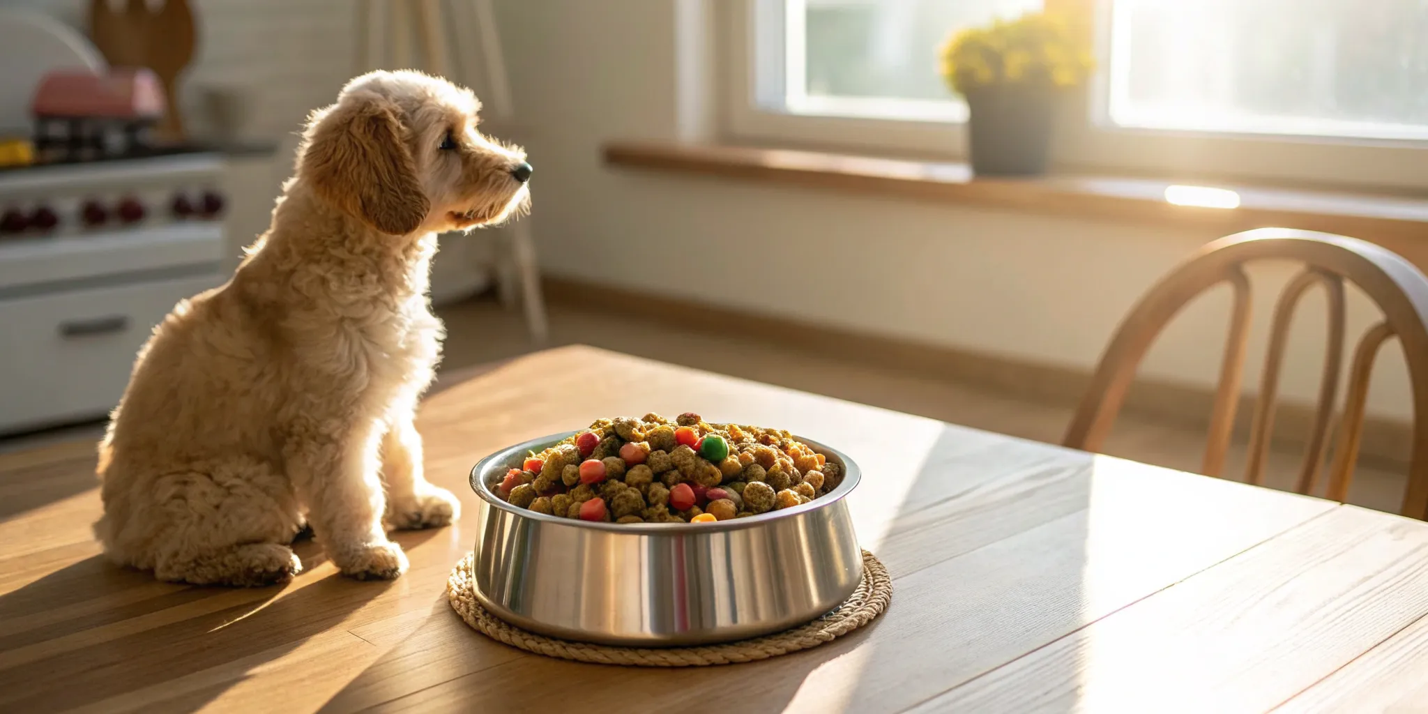 A small puppy eating a bowl of top rated puppy food.