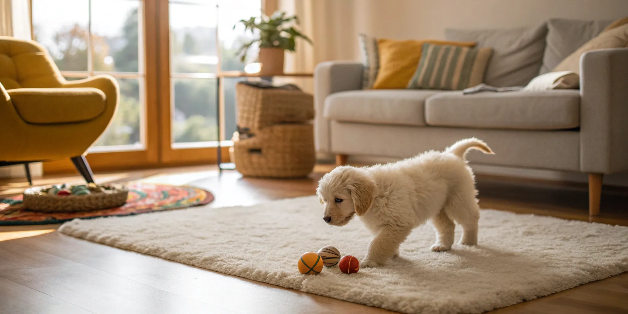 A small hypoallergenic puppy playing with a toy on a living room rug.