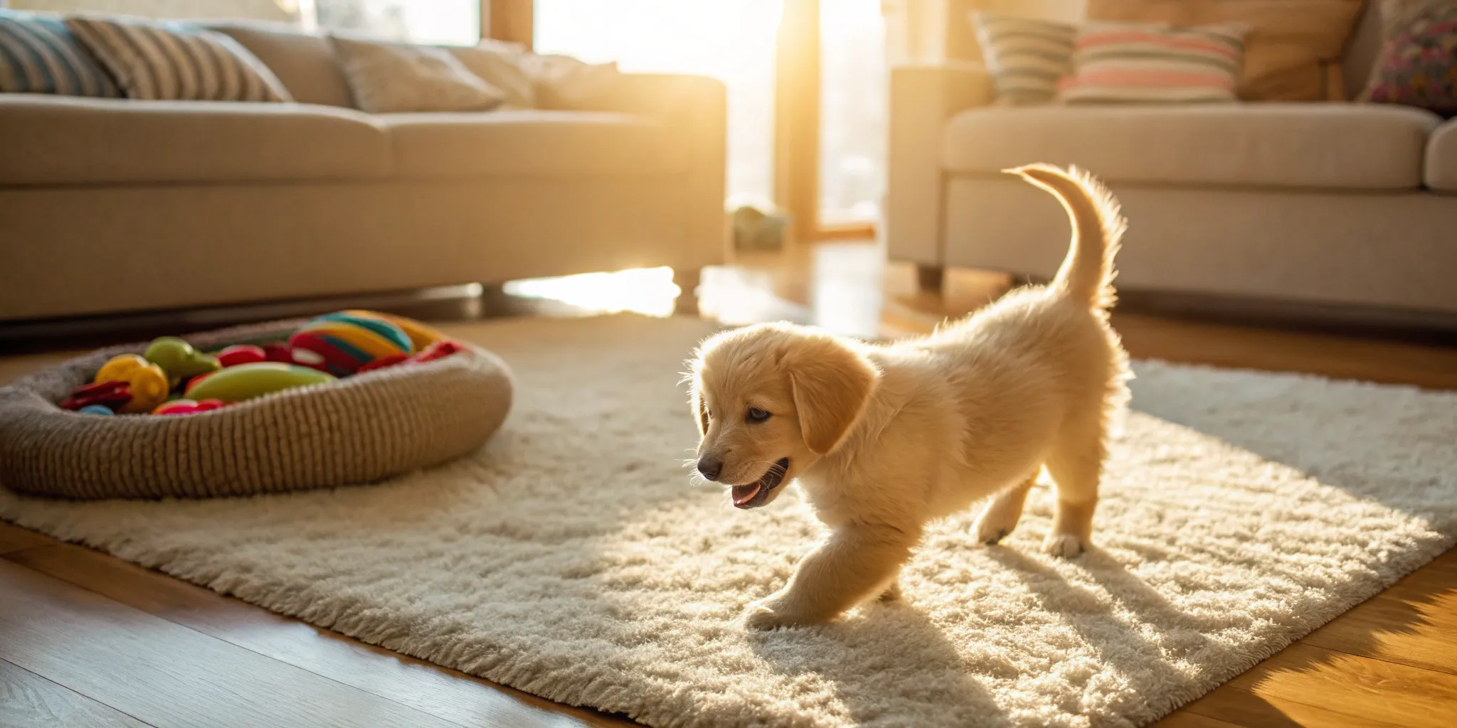 A small fluffy puppy for sale playing on a soft rug in a cozy living room.