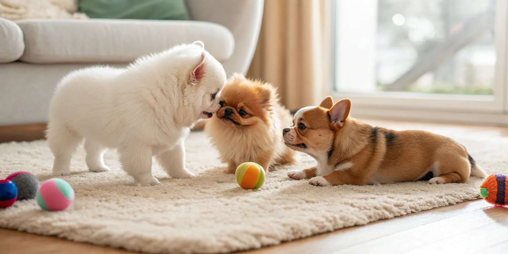 Three of the top 10 small dog breeds playing together on a rug with toys.