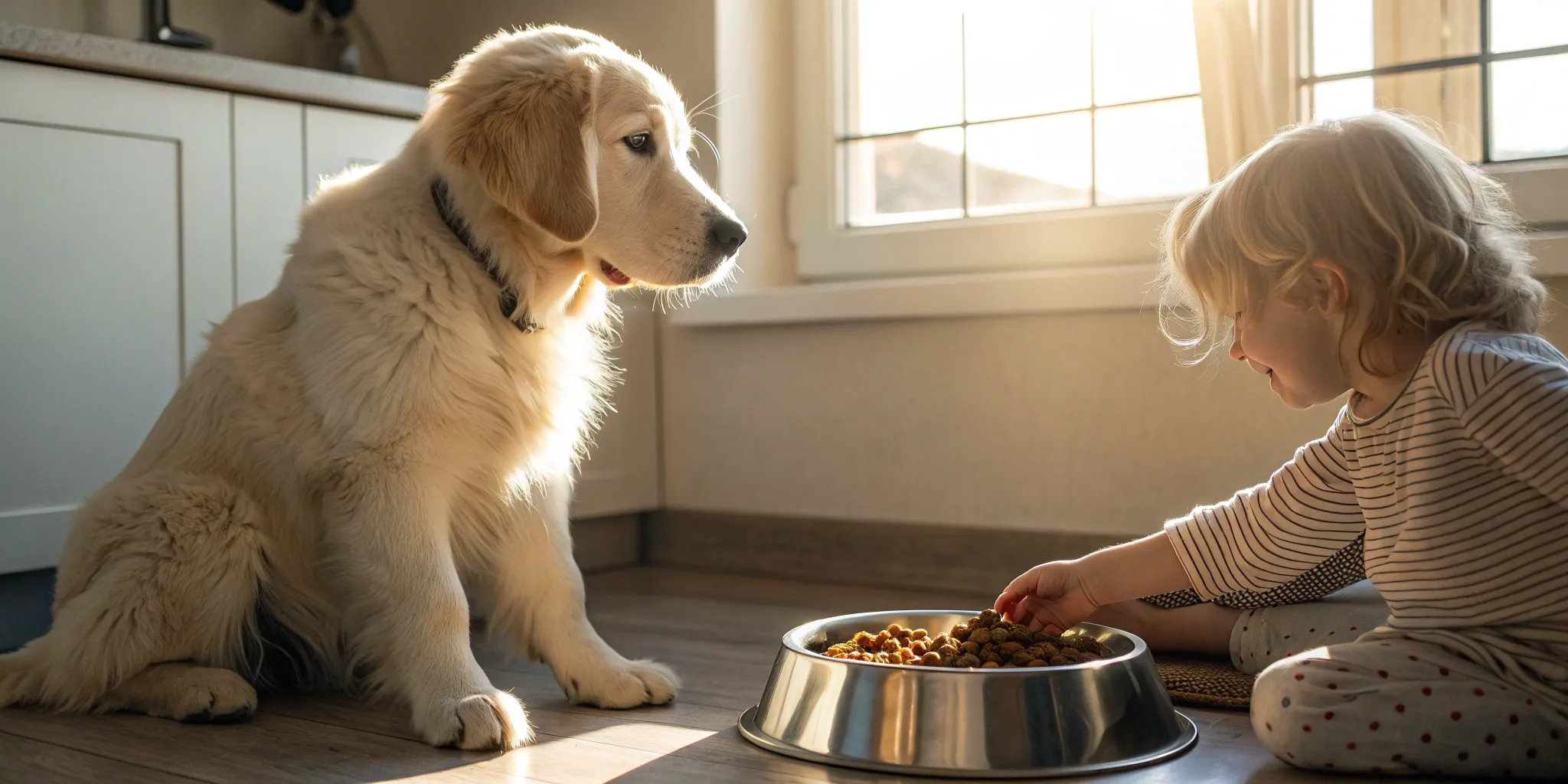 A large breed puppy eats from a bowl of vet recommended puppy food.