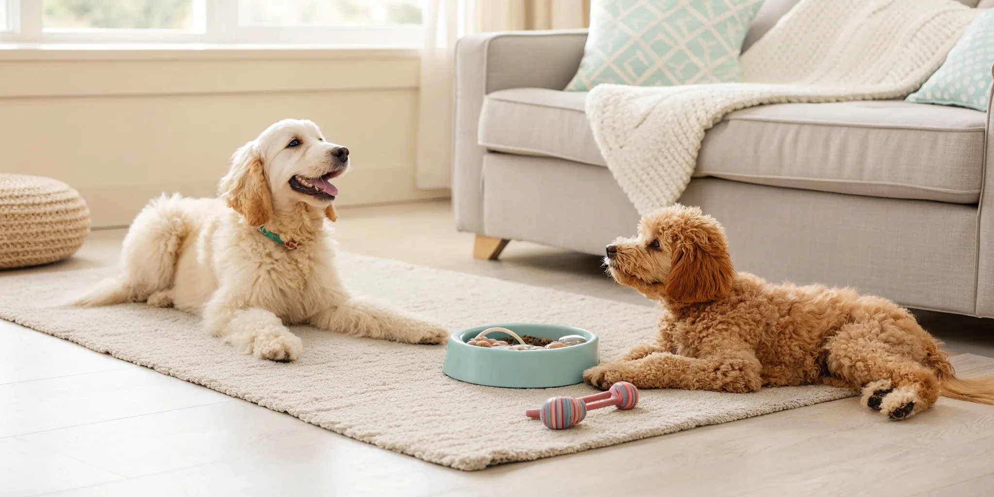 Two hybrid puppies for sale sitting on a rug with their toys.
