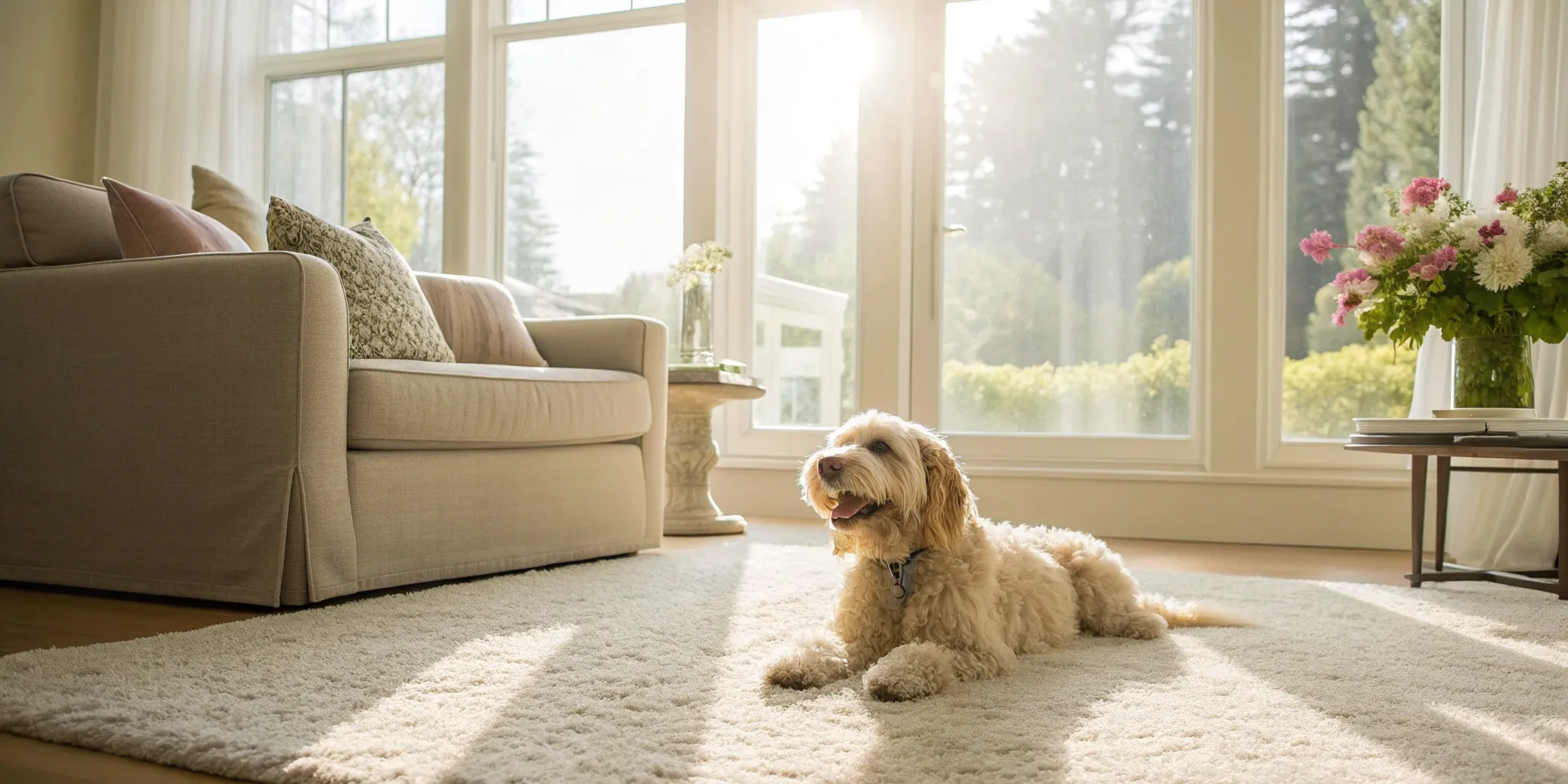 A hypoallergenic dog sits on the floor, one of the best dogs to buy for people with allergies.