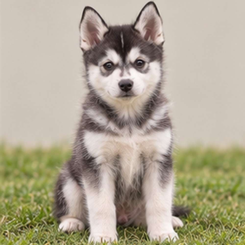 Small, fluffy dog with a thick double coat, standing alert and curious