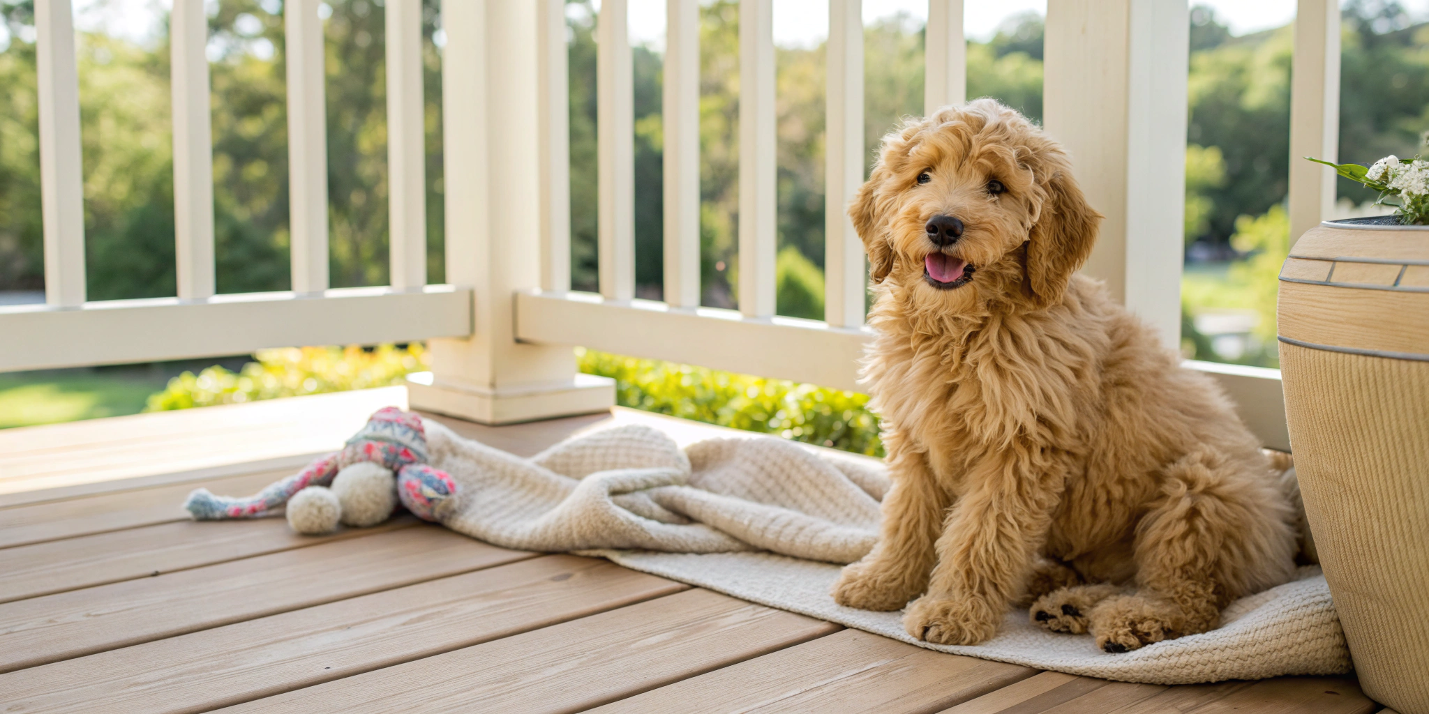 A mini Goldendoodle puppy sits on a porch, ready for a family to buy and bring home.