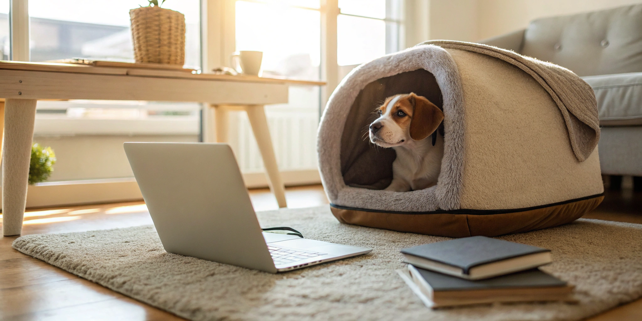 A beagle puppy sits by a laptop used for planning the financing for a puppy.