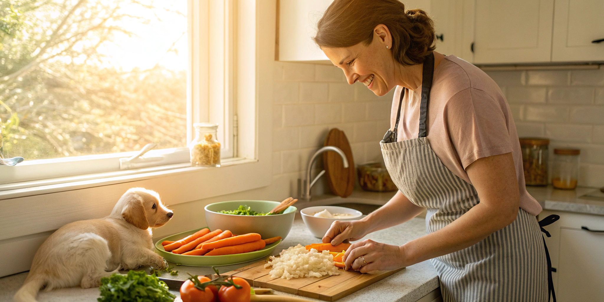 A puppy watches its owner prepare a meal, representing the best high-quality puppy food.