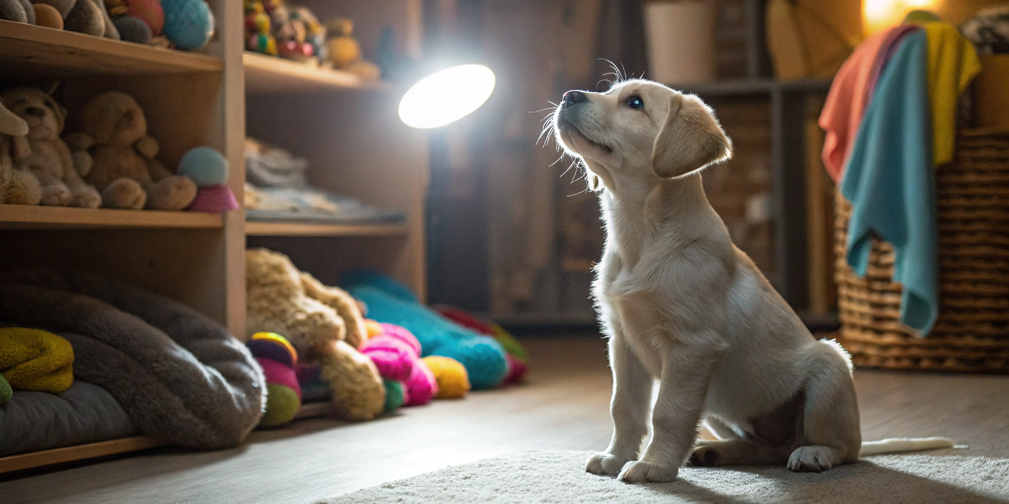 A yellow lab puppy sits with its toys, a happy result of getting a loan for a puppy.