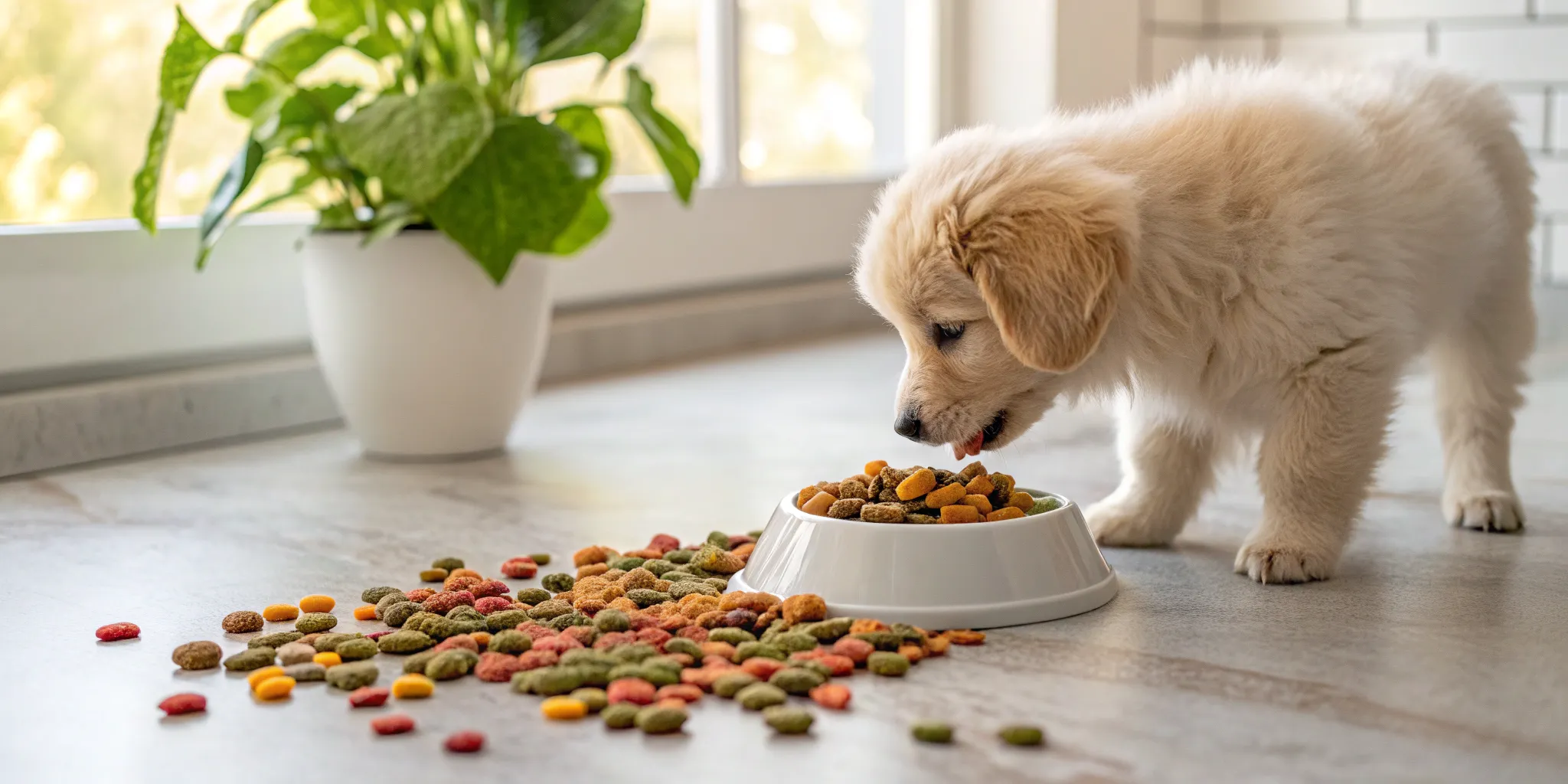 Puppy eating the best dry food from a bowl, a top consumer reports pick.