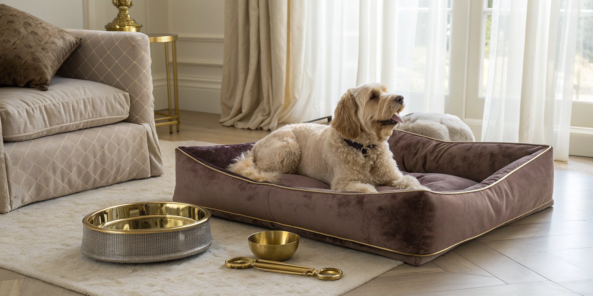 A dog surrounded by high-end accessories, including a plush bed and luxury gold bowls.