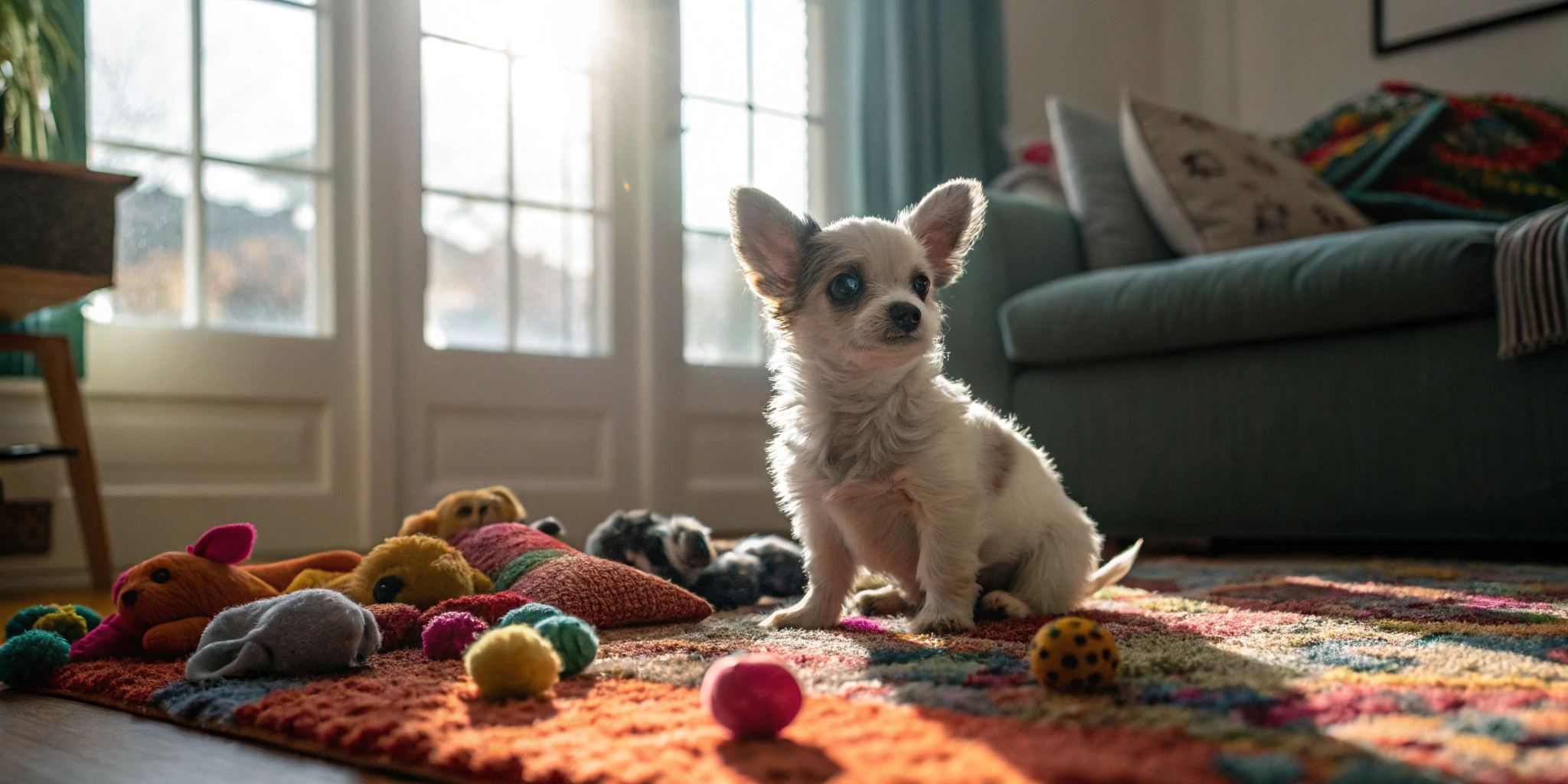 A tiny Chihuahua puppy, the smallest toy breed dog in the world.