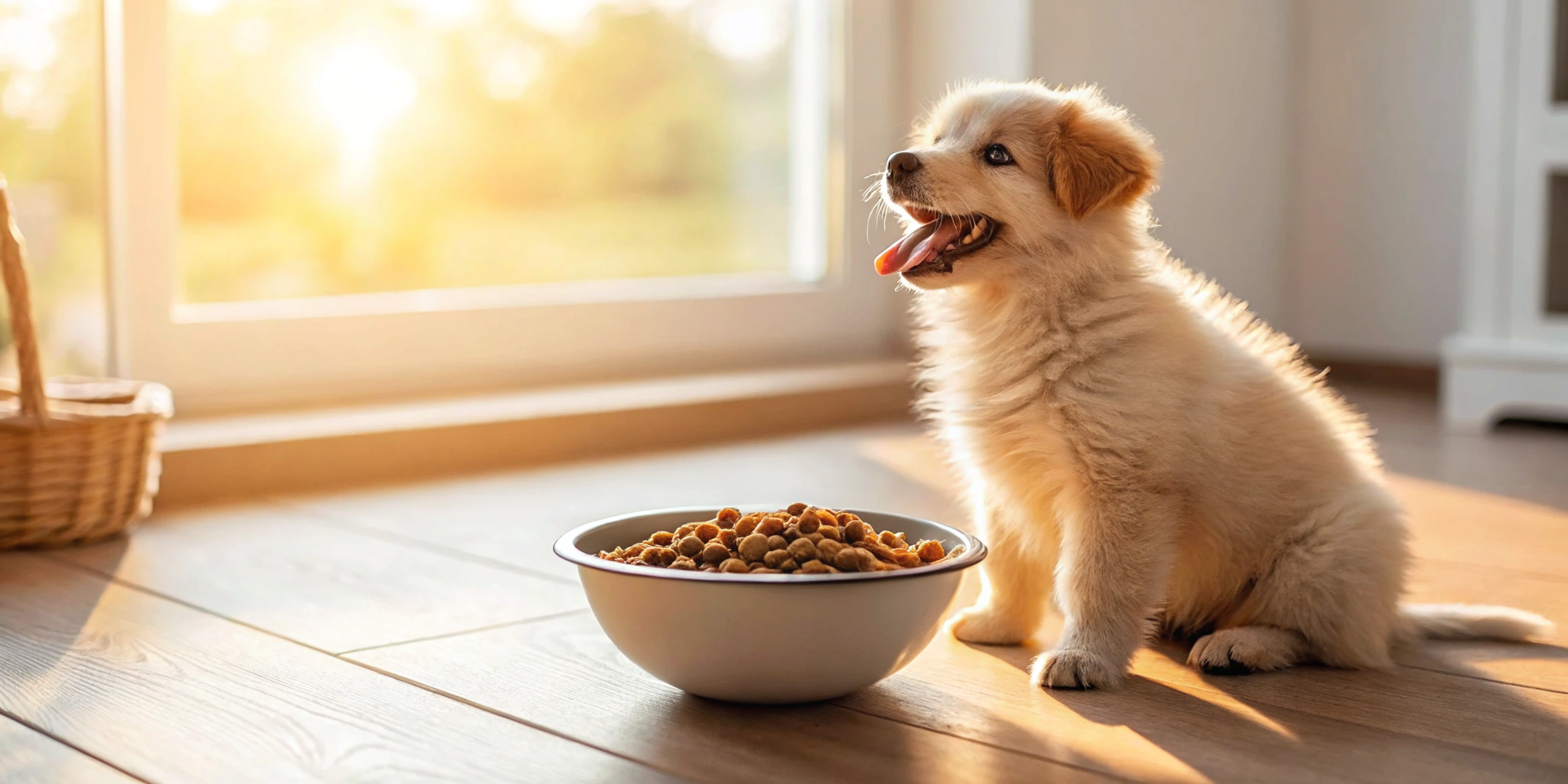 A puppy sits by a bowl of the #1 recommended dry puppy food.