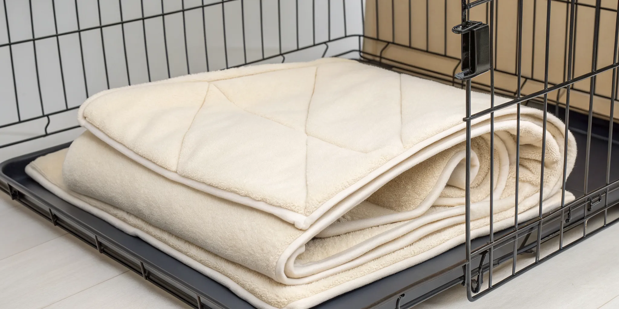 A soft cream dog blanket folded inside a wire dog crate.