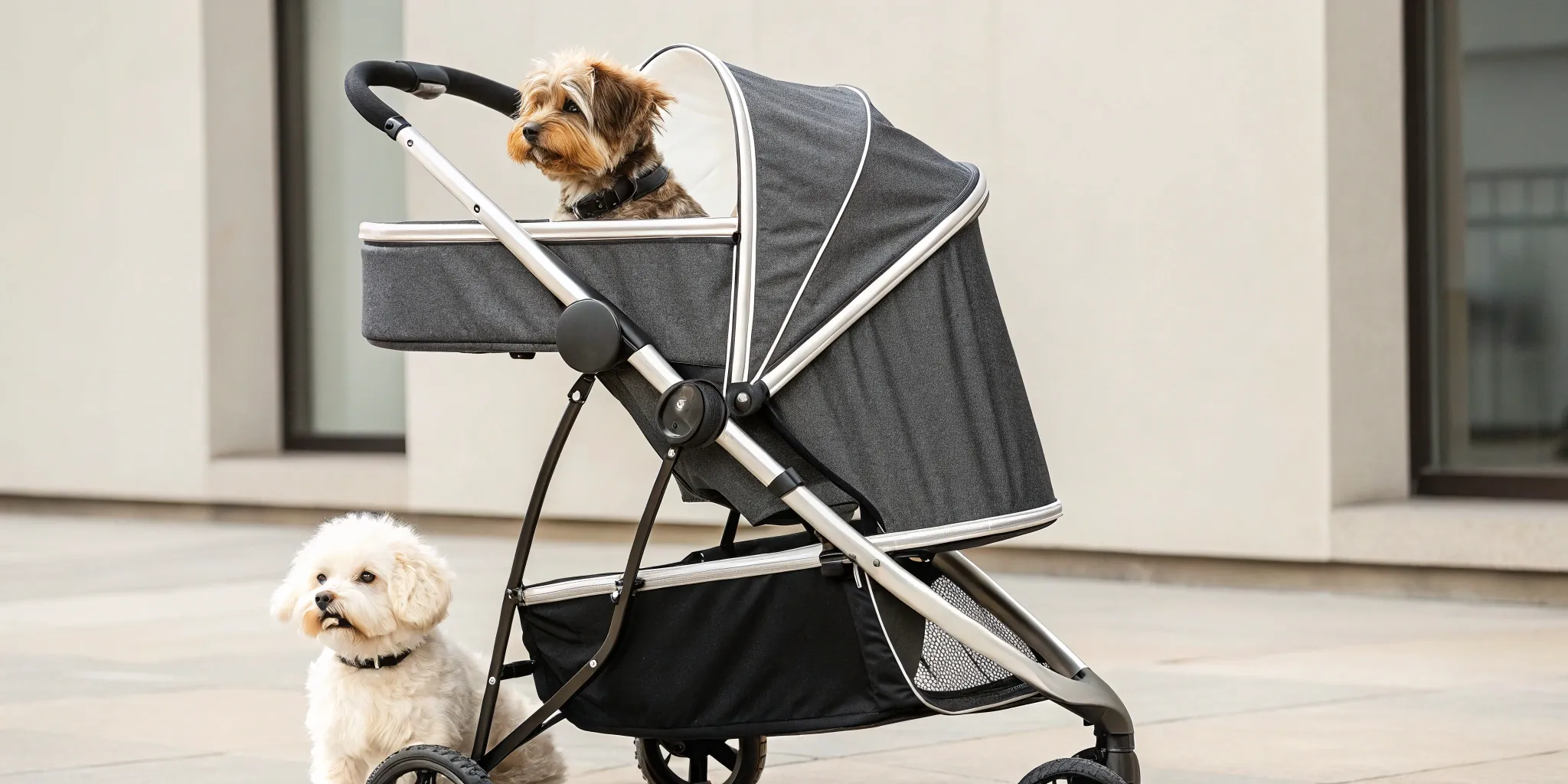 A dog stroller for small dogs with two small dogs sitting nearby.