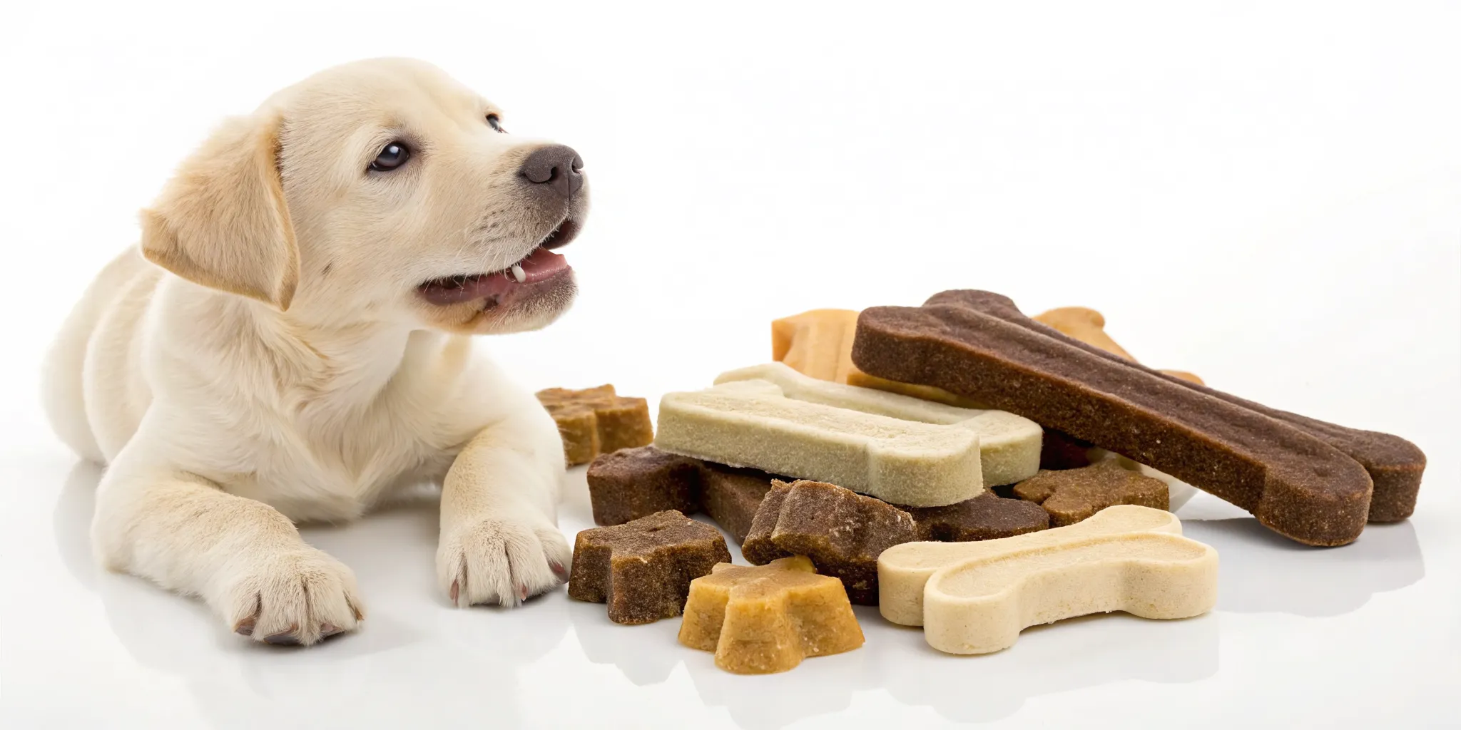 A happy puppy enjoying a dental chew for a healthy smile.