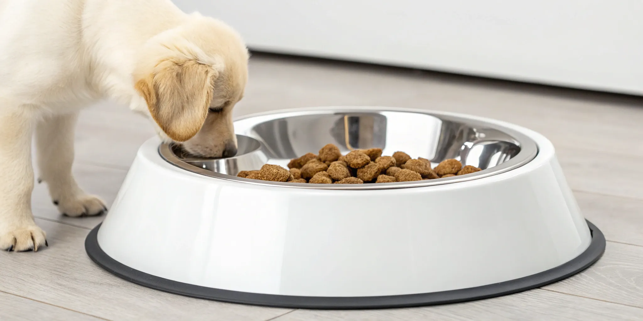 A puppy eats from a stainless steel slow feeder bowl with a non-slip base.