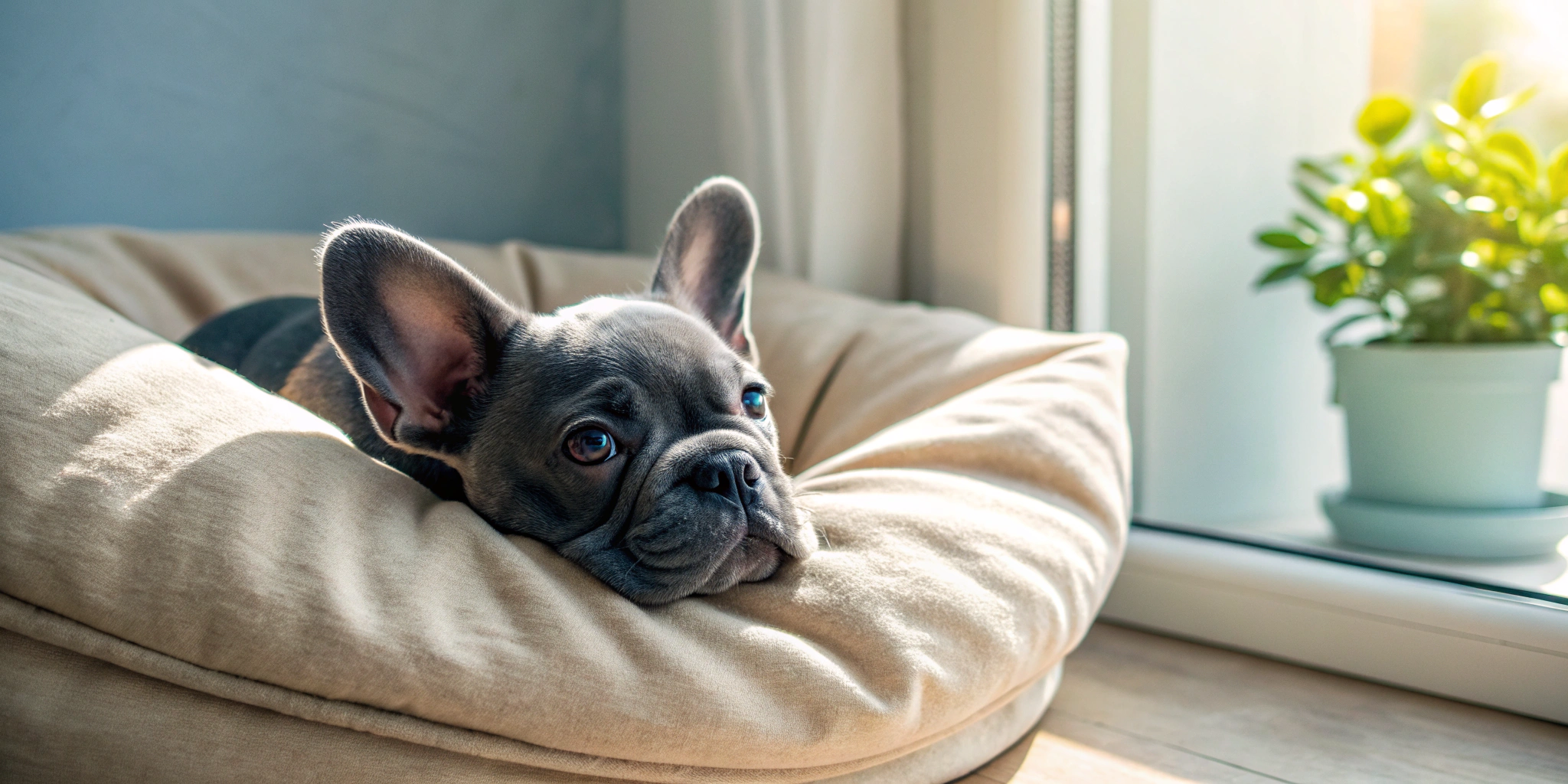 A healthy blue French bulldog puppy for sale resting on a soft dog bed.