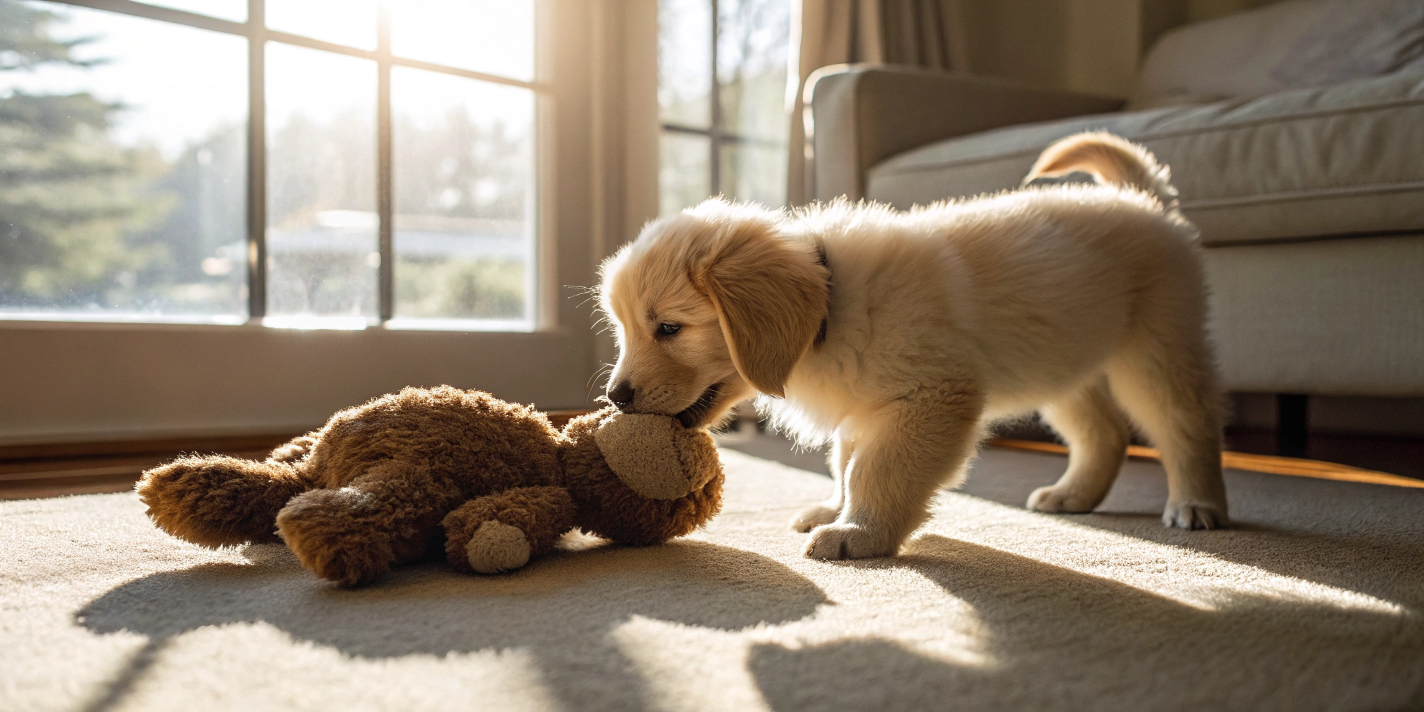 Golden retriever puppy playing with a toy, brought home using a buy a puppy payment plan.