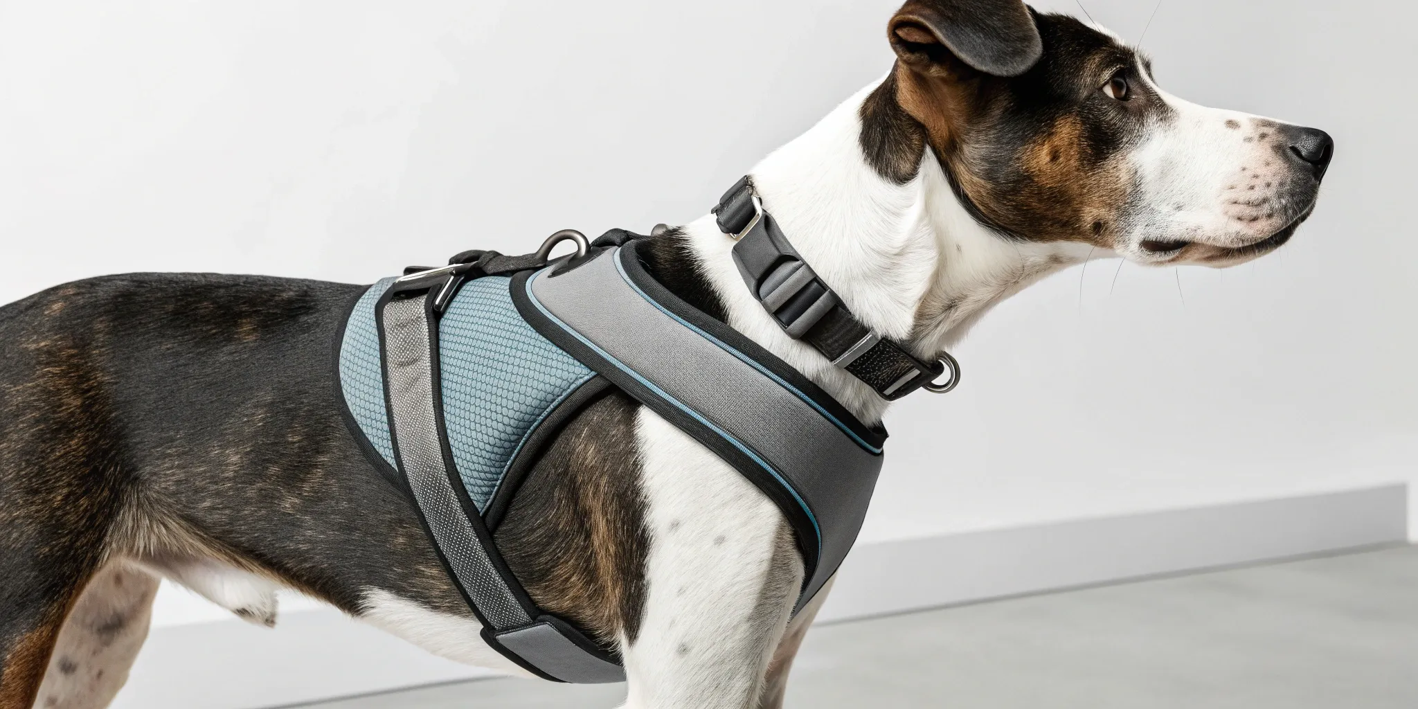 A dog wearing the secure, no-pull Gooby dog harness for comfortable walks.