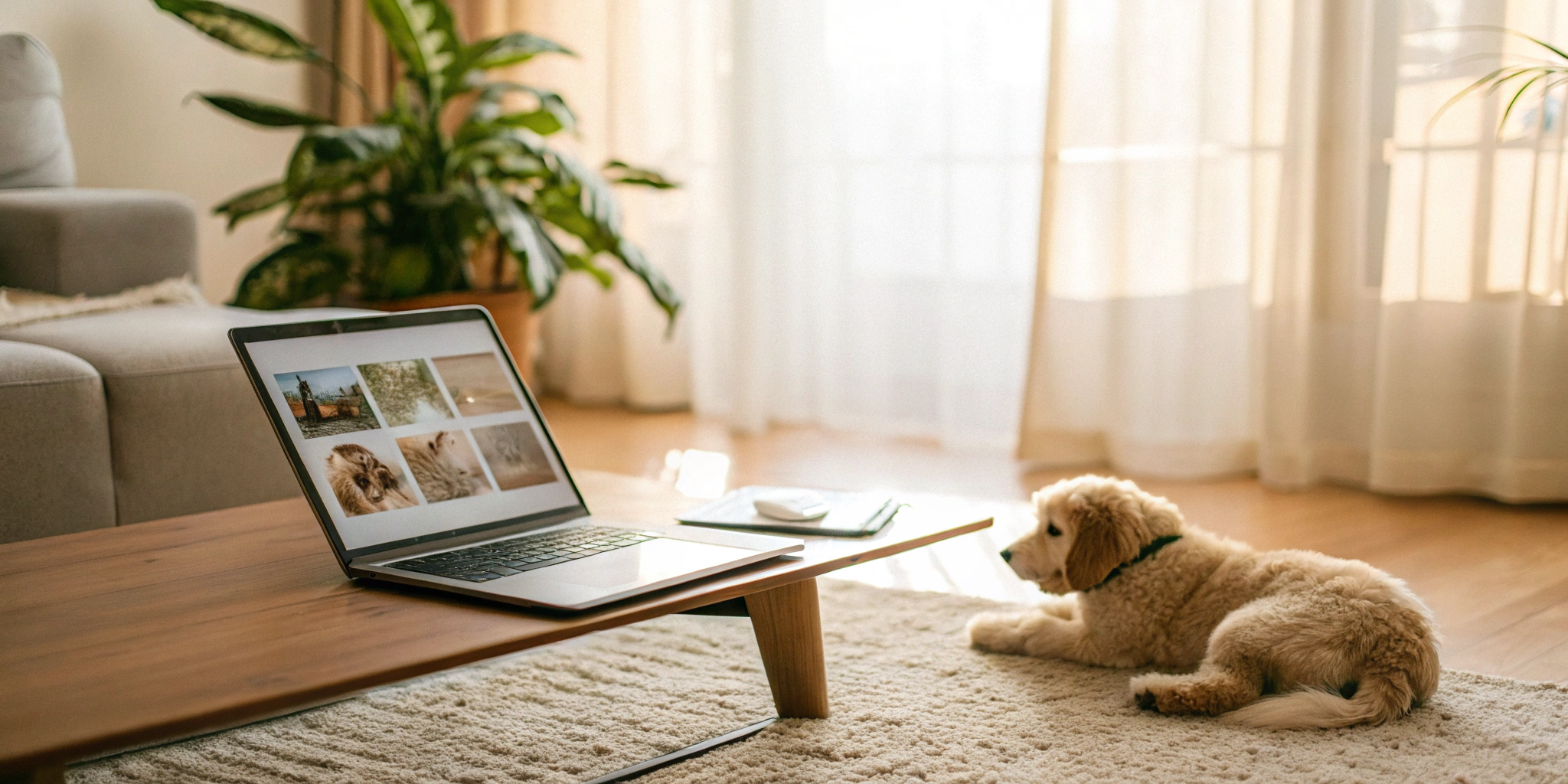A puppy next to a laptop being used to find reputable online breeders.