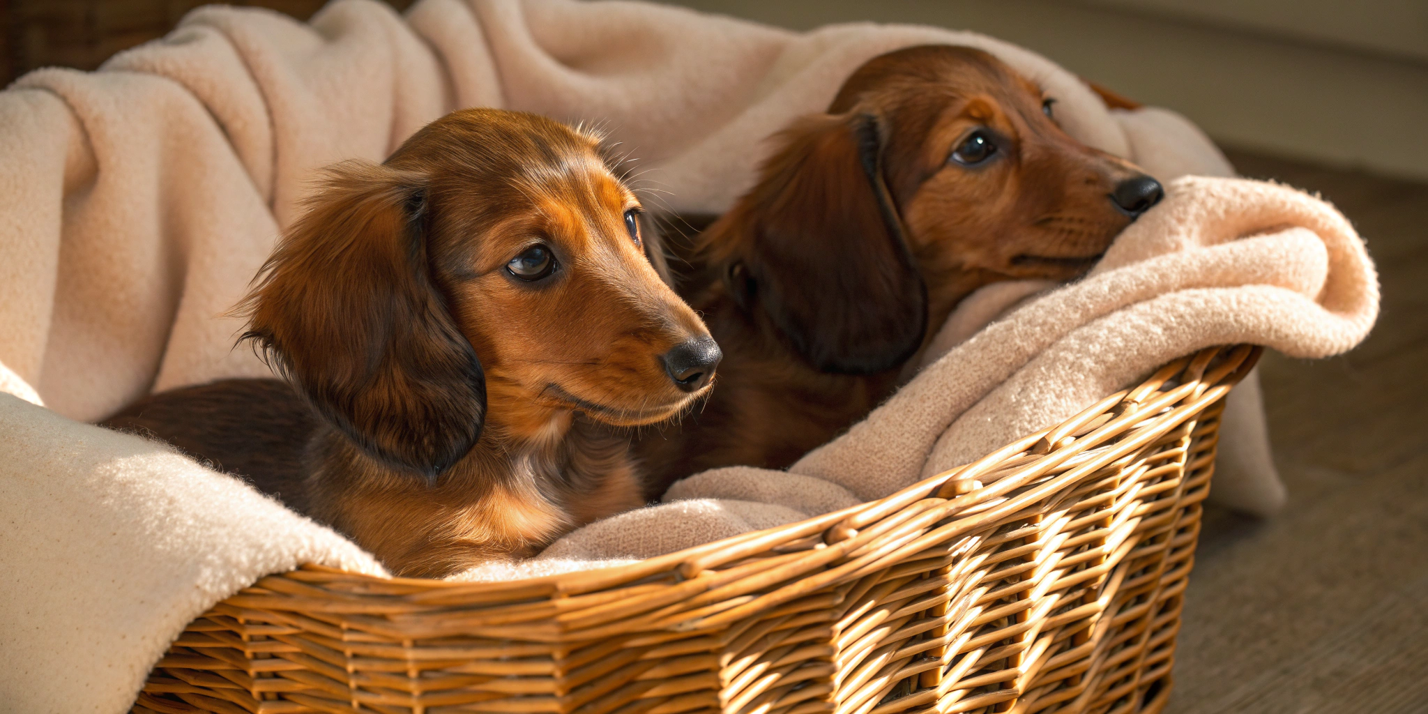 Two long-haired dachshund puppies resting in a wicker basket.