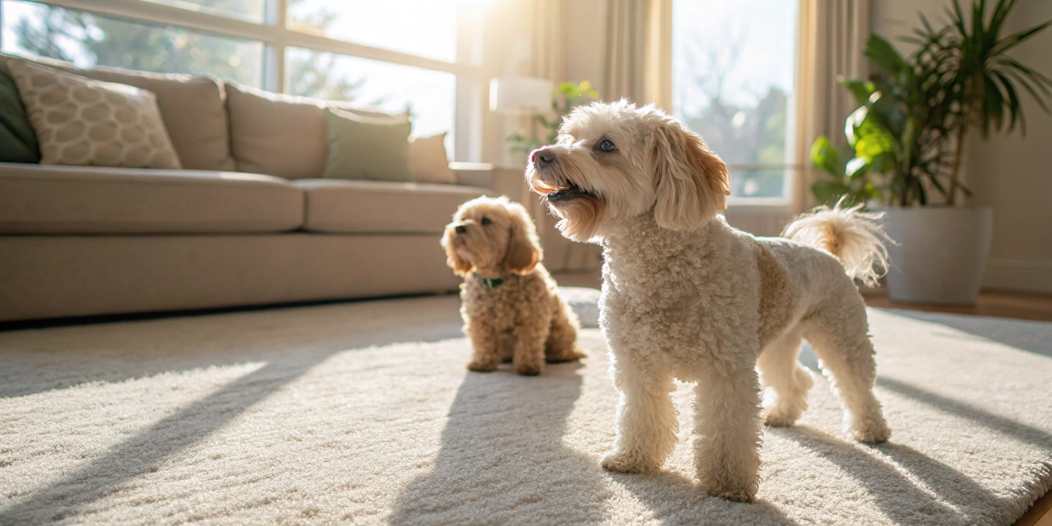 Two small dogs with curly coats, examples of small dog breeds that don't shed.
