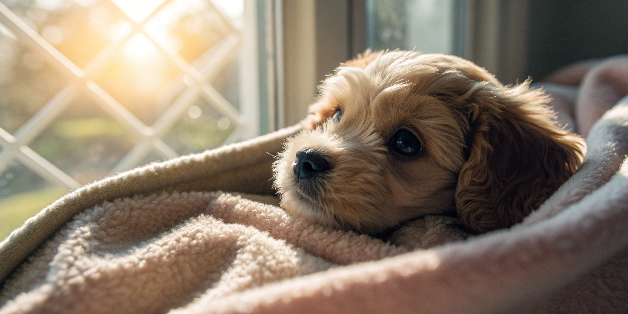 Small breed puppy for sale in Massachusetts resting comfortably on a blanket.