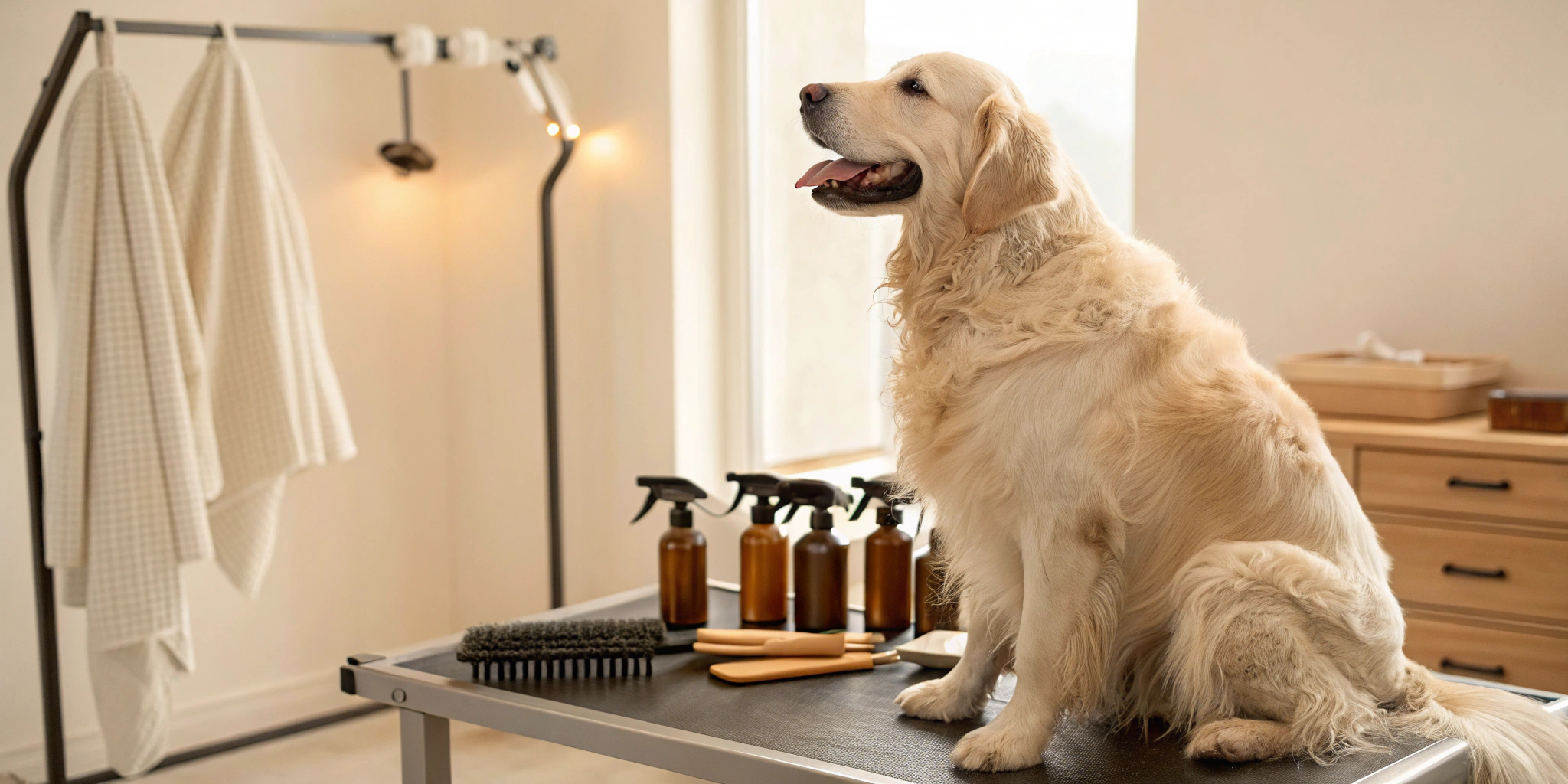 A golden retriever's coat is brushed using a detangling spray for dogs.