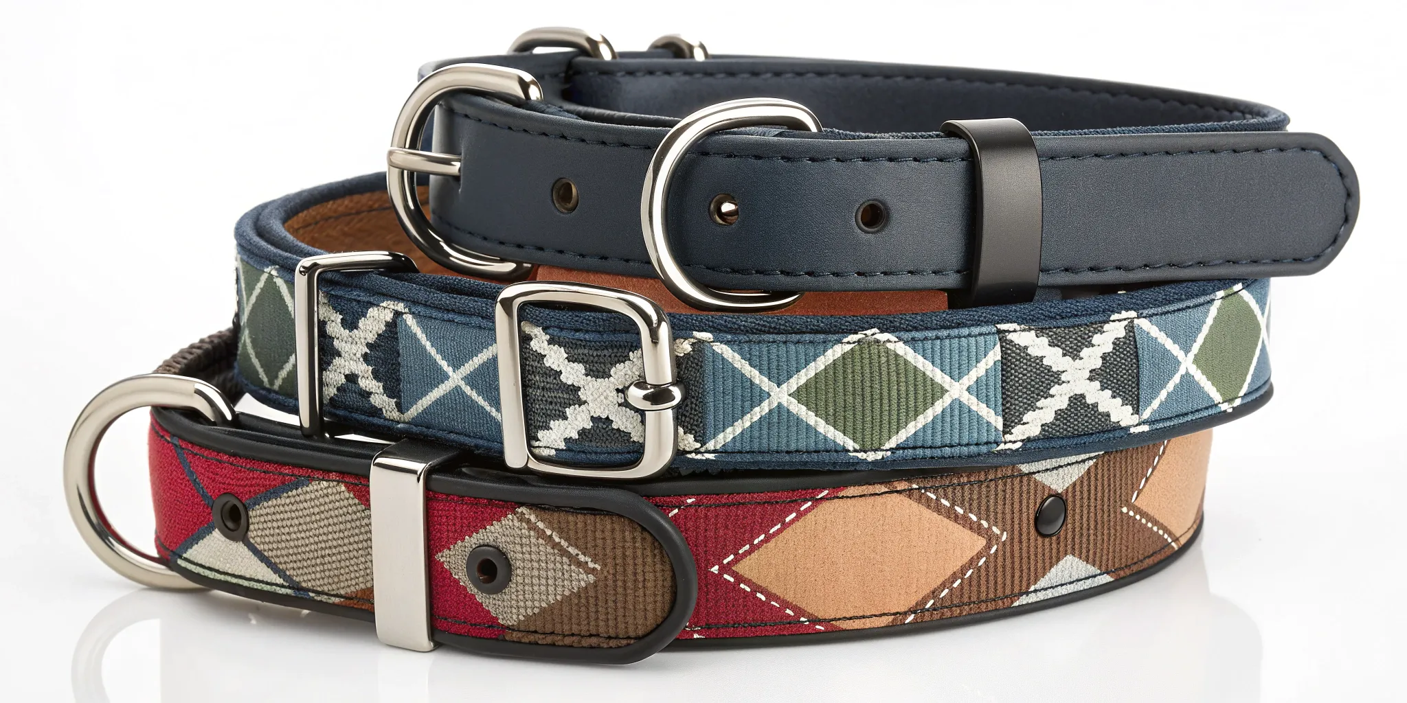 Premium leather and patterned designer dog collars with durable metal hardware.