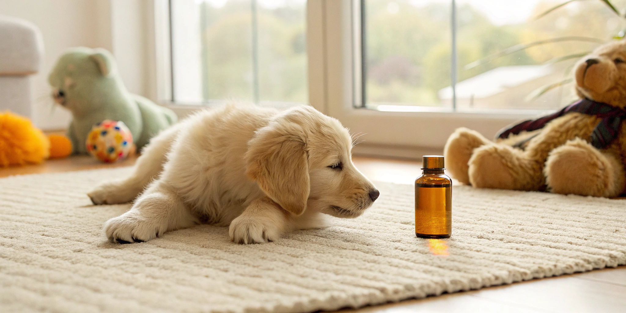A small puppy sits beside a bottle of medicine for its deworming schedule.