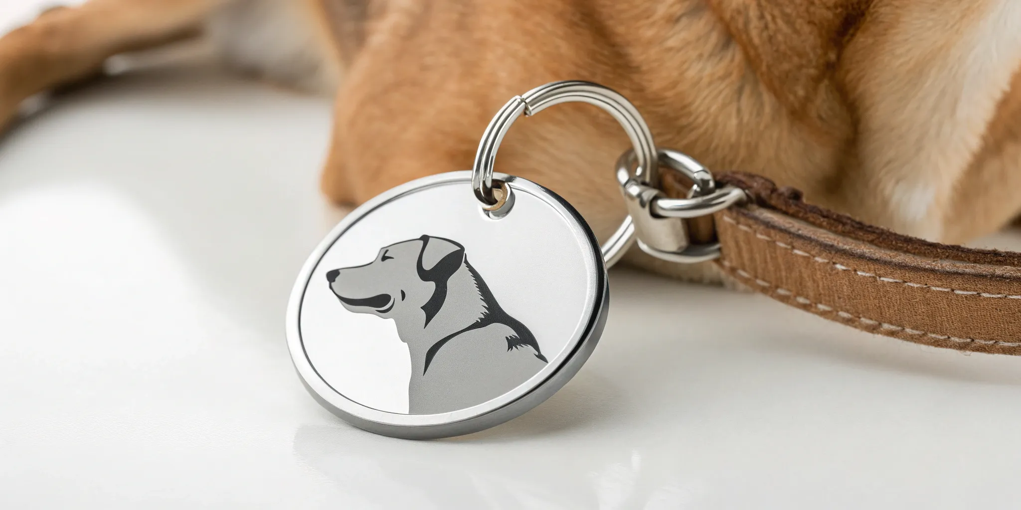 Engraved dog ID tag with a custom design on a dog collar.
