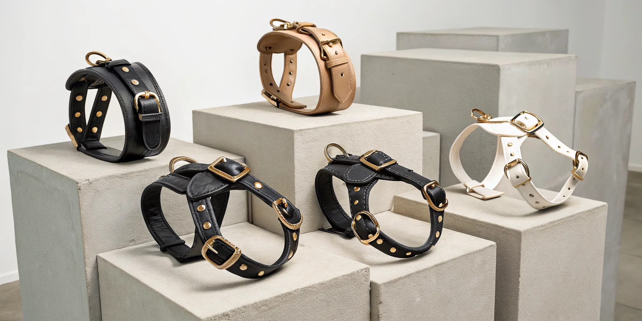 A collection of luxury dog harnesses in black, tan, and white leather with gold hardware.