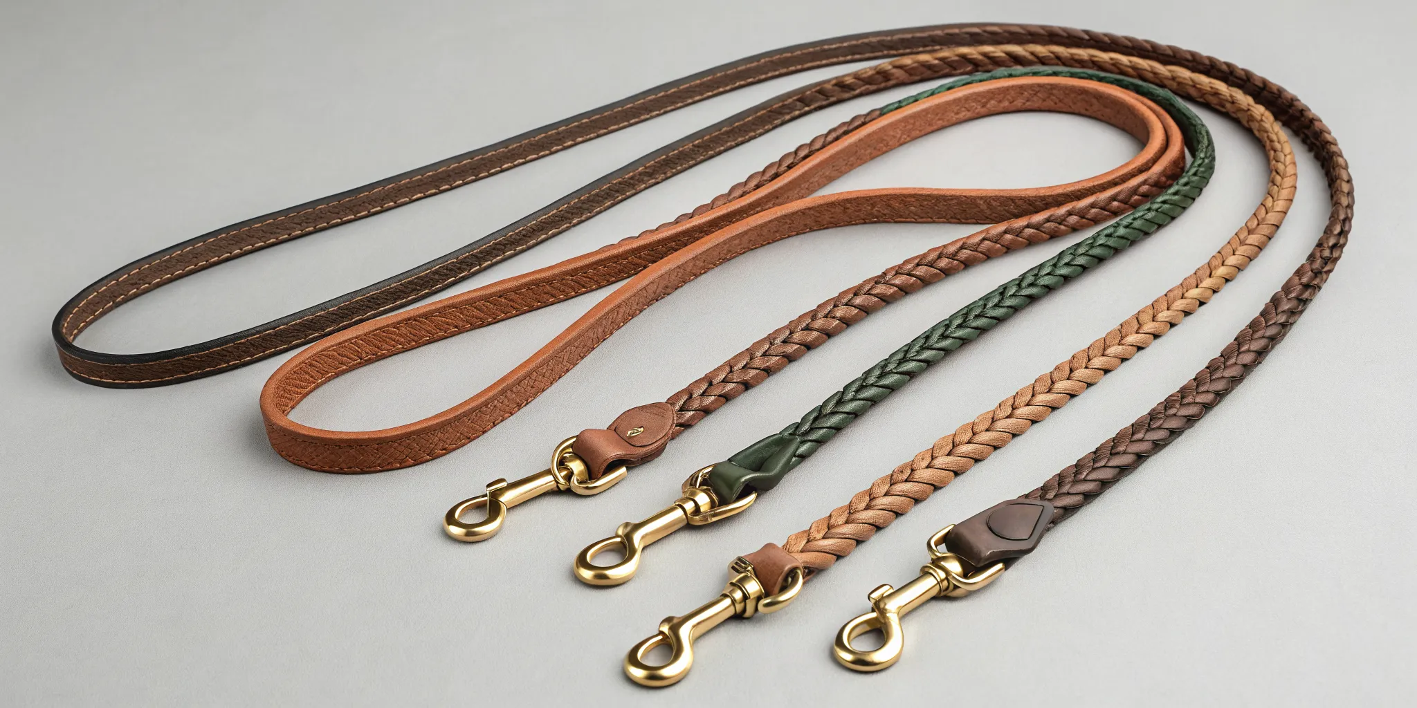 Luxury leather dog leashes with gold hardware in brown, tan, and green.