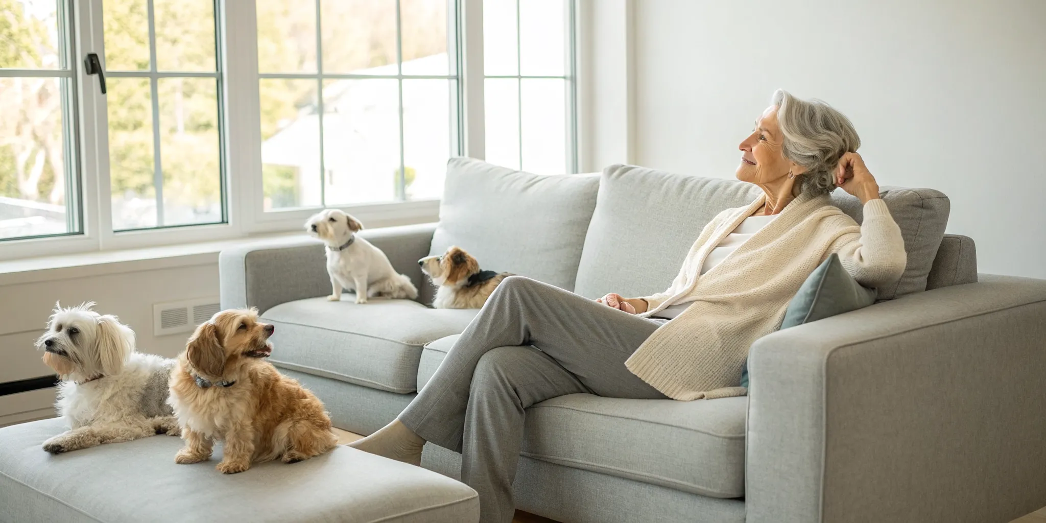 Senior woman relaxing on a sofa with her small dogs, good companions for seniors.
