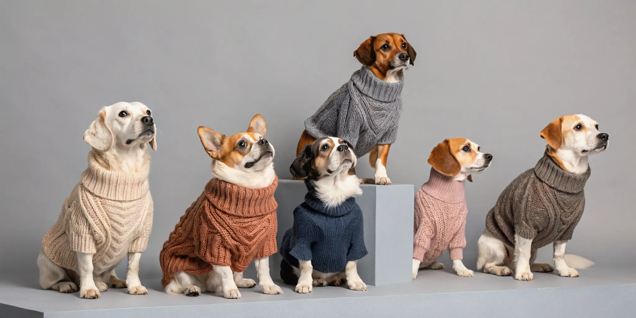 Six dogs wearing different styles of colorful designer sweaters.