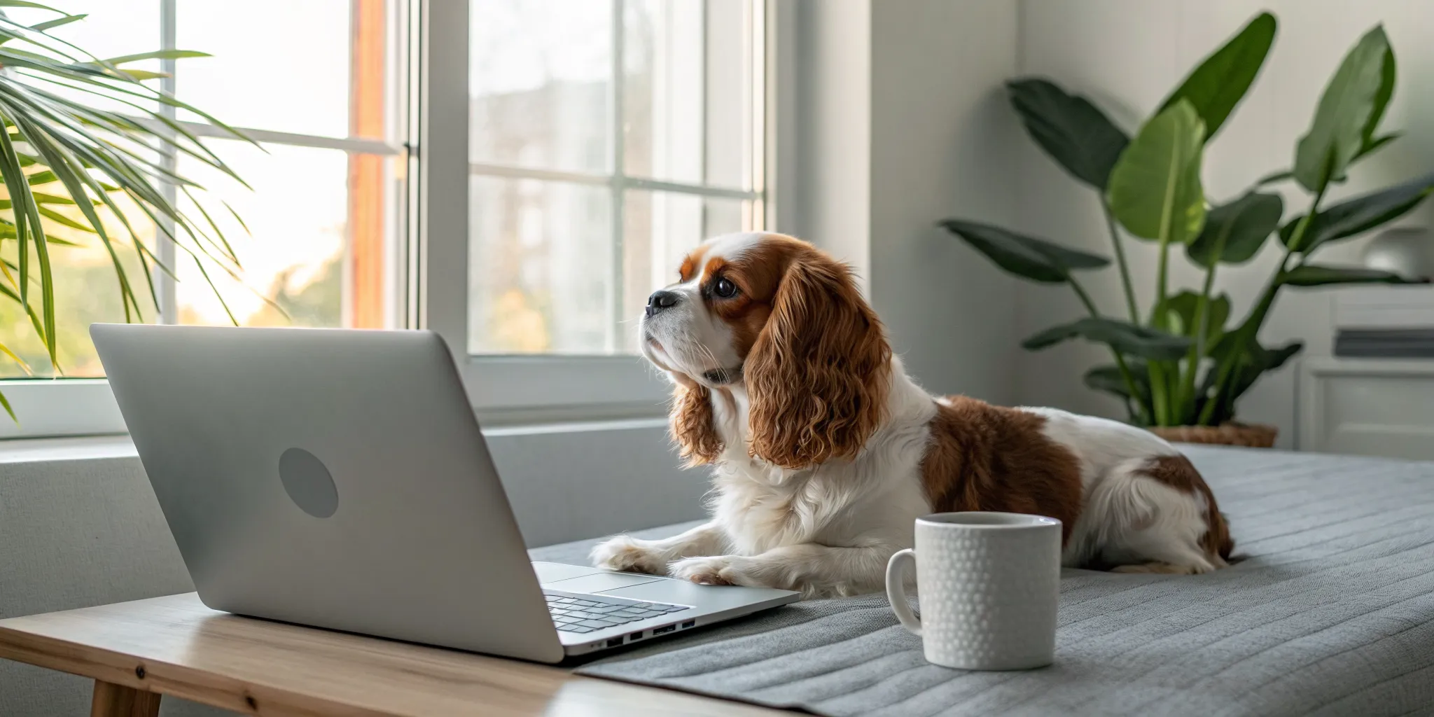 A Cavalier King Charles Spaniel relaxes on a bed next to a laptop, showing the pros of owning this companion breed.