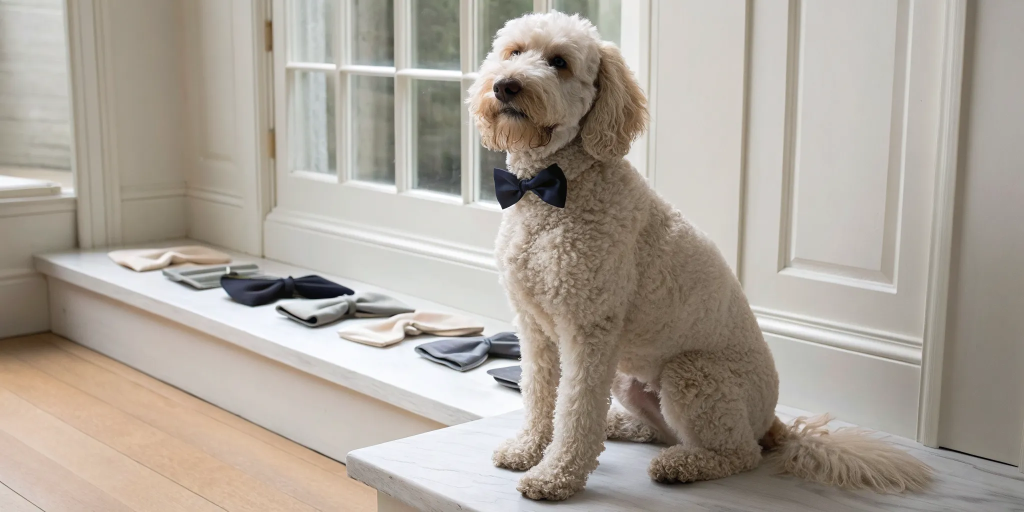 Dog in a navy bow tie for a wedding, with a collection of different styles displayed behind.