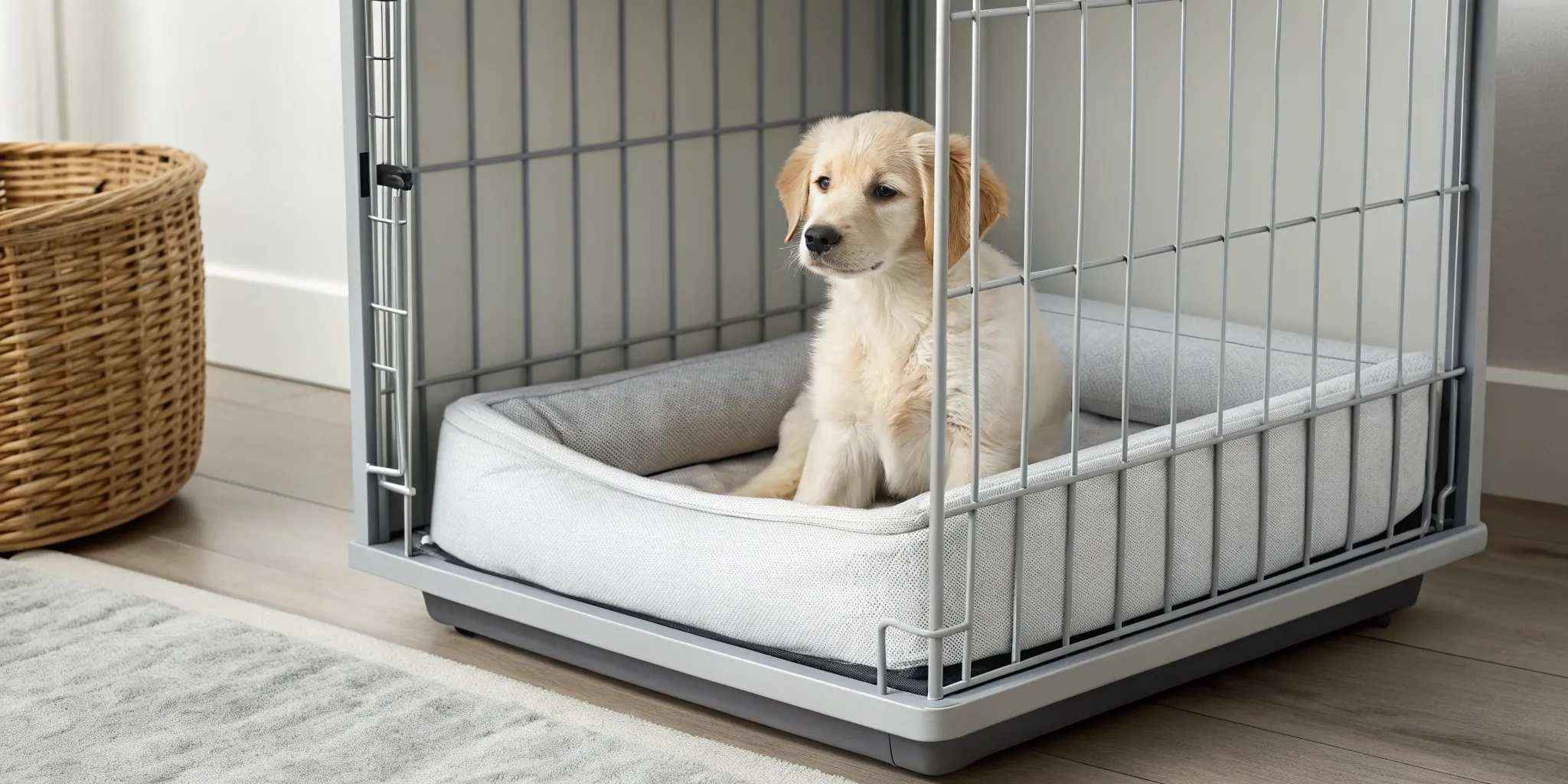 A puppy resting on soft, supportive bedding inside a metal crate.